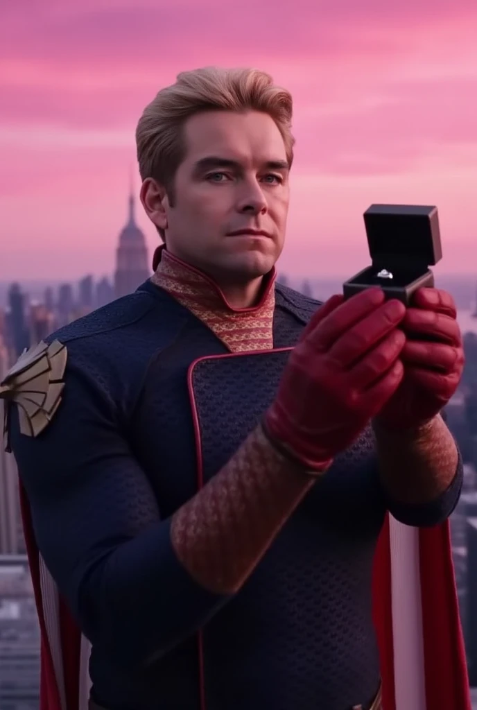 Homelander wearing a superhero outfit with a cape, blonde hair, blue eyes, red gloves, down on one knee, holding a small box with a diamond ring inside, proposing to the camera, POV proposal, 1boy, ((((((((((((((((((solo)))))))))))))))))), (((smiling))), full body, on the roof of a building in New York City, beautiful pink sunset, picturesque, 4k, masterpiece, ((((looking at the camera))))