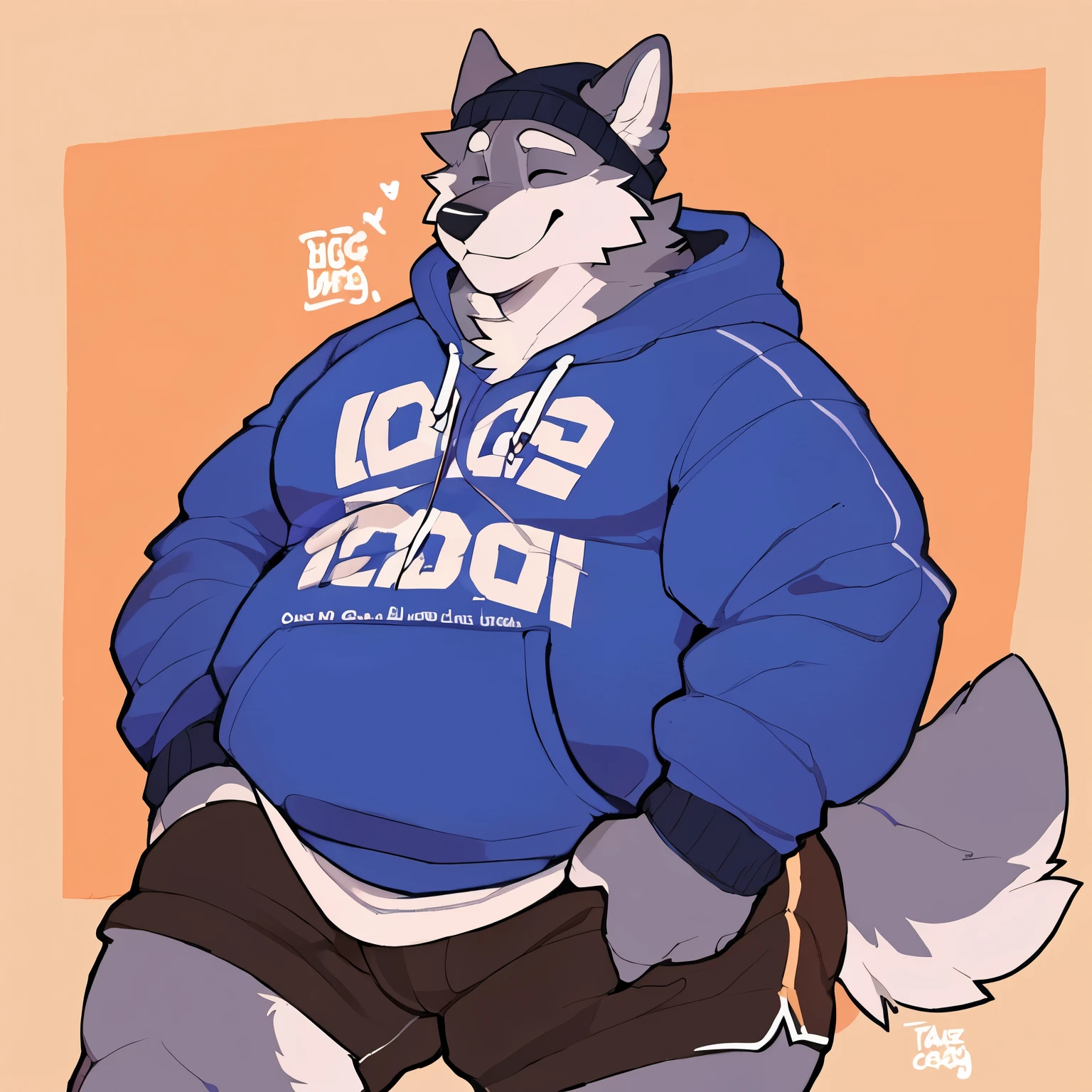 solo, male, 1 boy, fat, obese, rolls, thick thighs, massive thighs, big belly, rounded belly, massive belly, love handles, big pecs, rounded pecs, bulging pecs, massive pecs, big biceps, very extremely thick, plump, chubby, grey fur, wolf, eyes shut, blep, beanie, hoodie, hands in hoodie pockets, shorts, by bigcozyorca, by Takemoto Arash, shading, good proportions, best quality, good quality, no background, standing