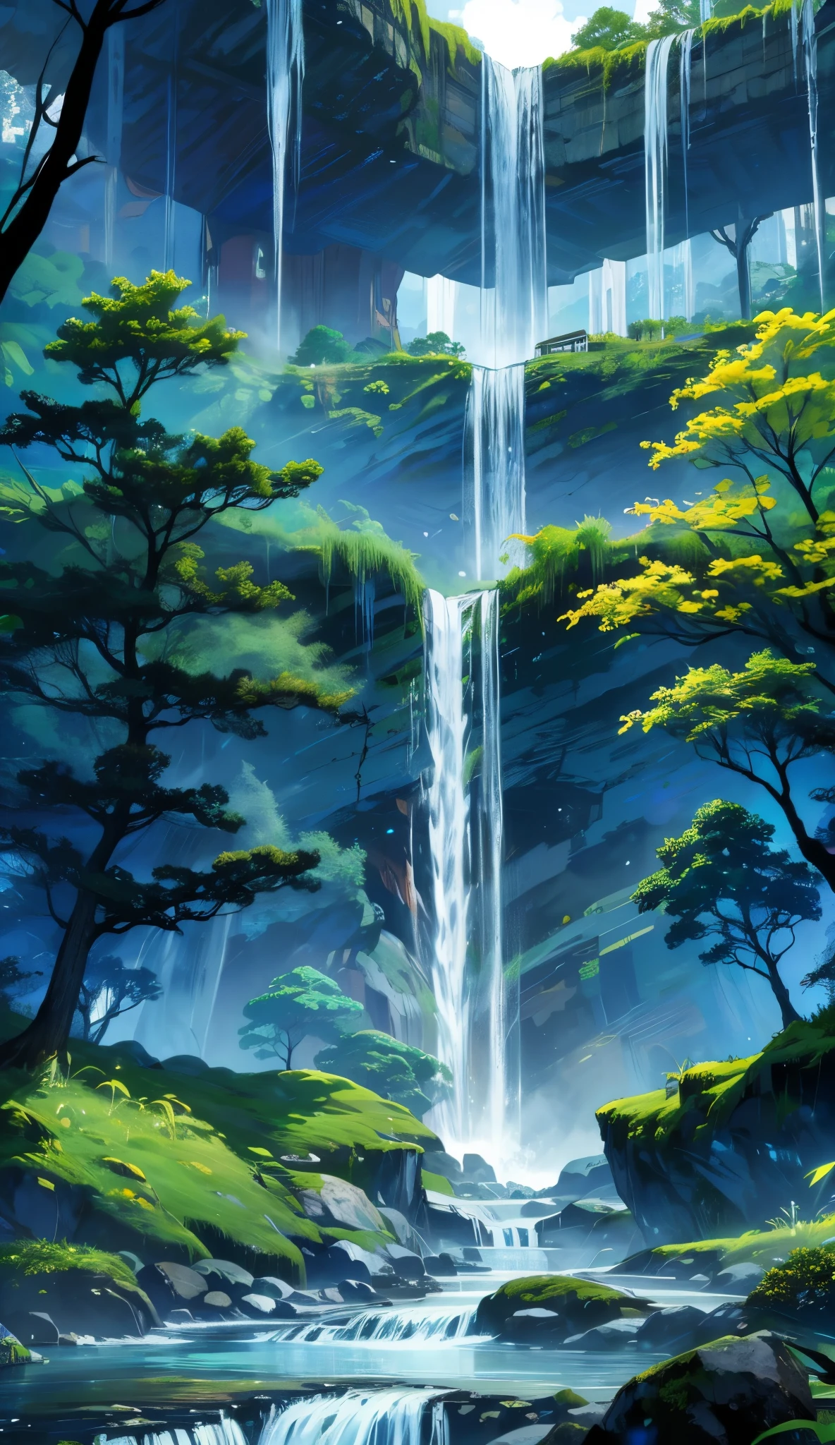 painting of a waterfall in a forest with a river running through it, an endless waterfall, multiple waterfalls, waterfalls, with trees and waterfalls, floating waterfalls, (waterfall), with waterfalls, by Michael James Smith, cascading waterfalls, flowers and waterfalls, cascading iridescent waterfalls, waterfall, several waterfalls, high waterfalls, cascading, forest and waterfall