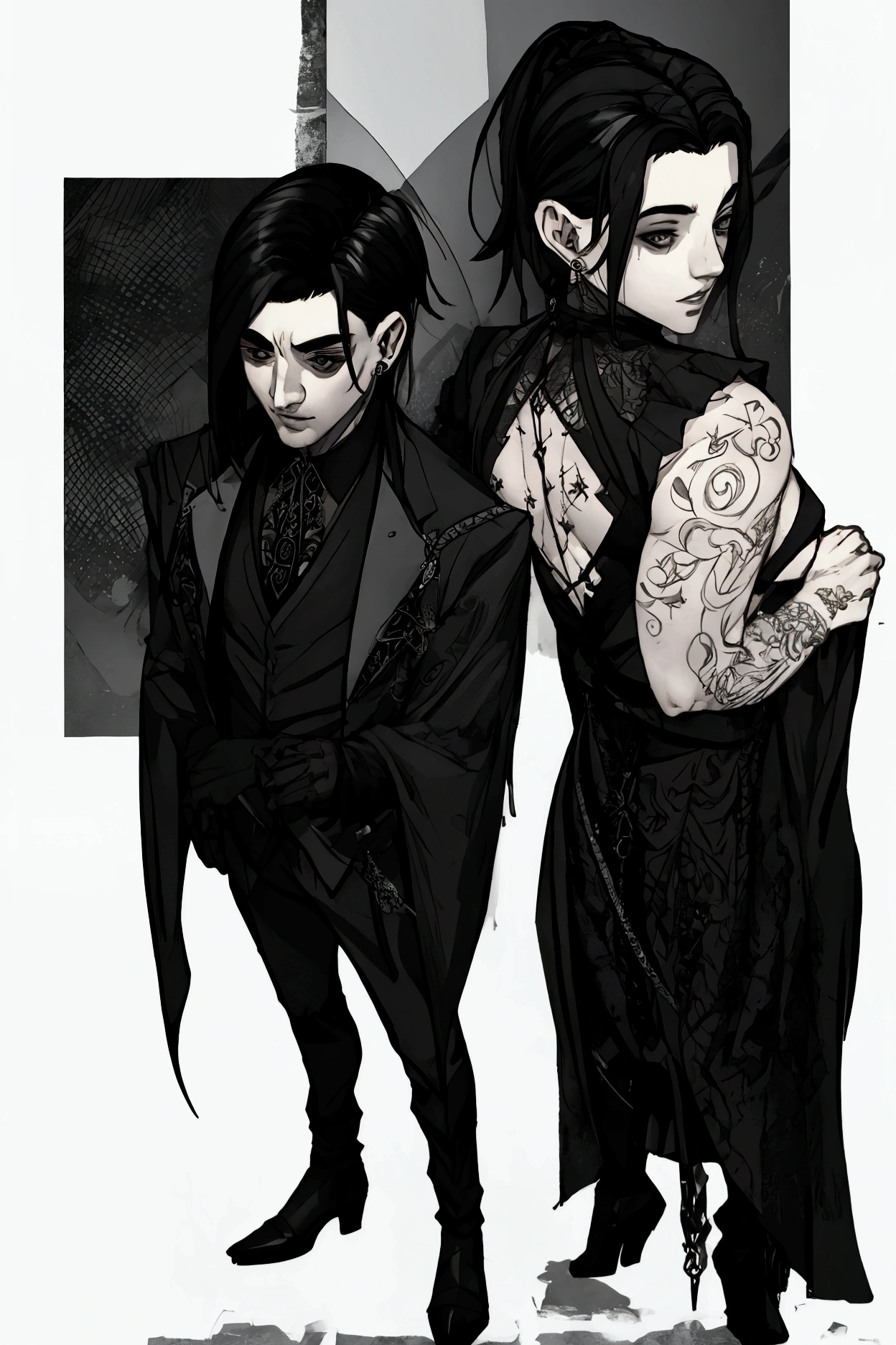 adult man, gothic clothes, tatoo, black hair, pale, shaved 