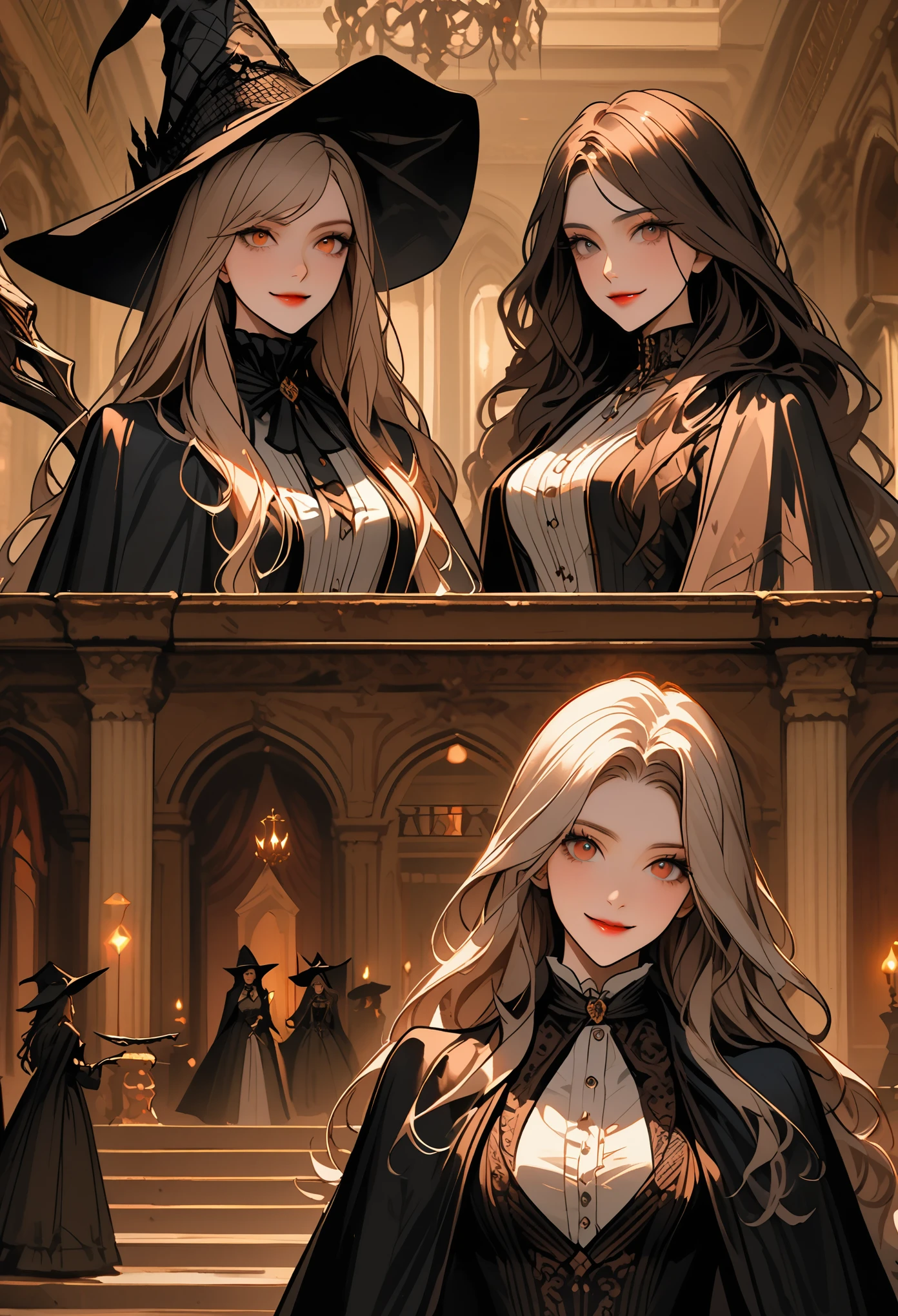 Five young girls in a dimly lit basement, glowing pentagram on the floor, scattered candles, old spell book. Natalia, the Succubus, dark flowing hair, crimson eyes, bat-like wings, alluring and menacing. Jasmine, olive skin, long wavy black hair, brown eyes, confident, medium chest. Beatrice, long brown hair, glasses, massive breasts, anxious, bookworm. Claire, short black hair, blue eyes, athletic, toned body, , tomboy. Madison, straight blonde hair, green eyes, tall model figure, fashionable, smug. Ellie, straight blonde hair, green eyes, tall model figure, excited, eccentric. United yet distinct, tension and revelation.