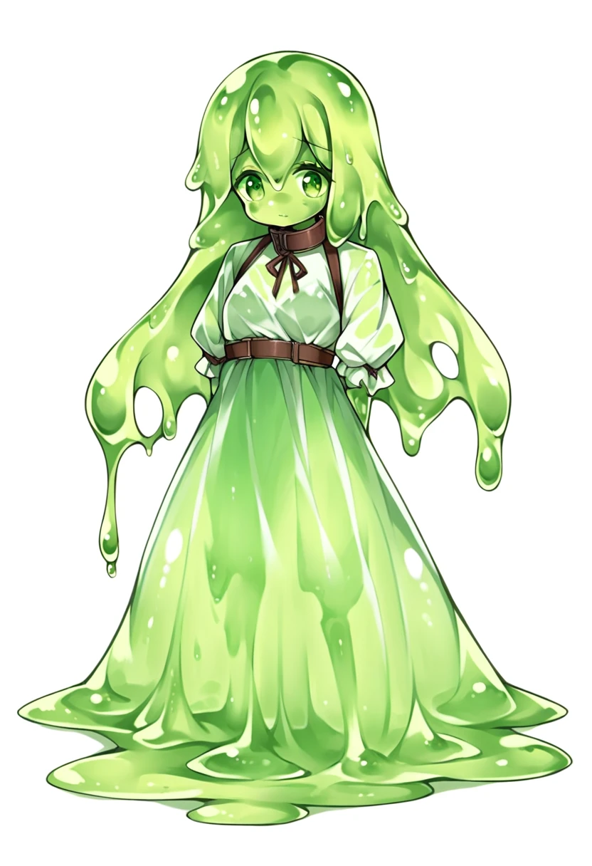 a beautifully detailed slime girl with luminous green eyes, blushing cheeks, and a warm smile, standing gracefully in a masterpiece-level illustration, ultra-detailed and high-resolution, 1girl, kneesocks