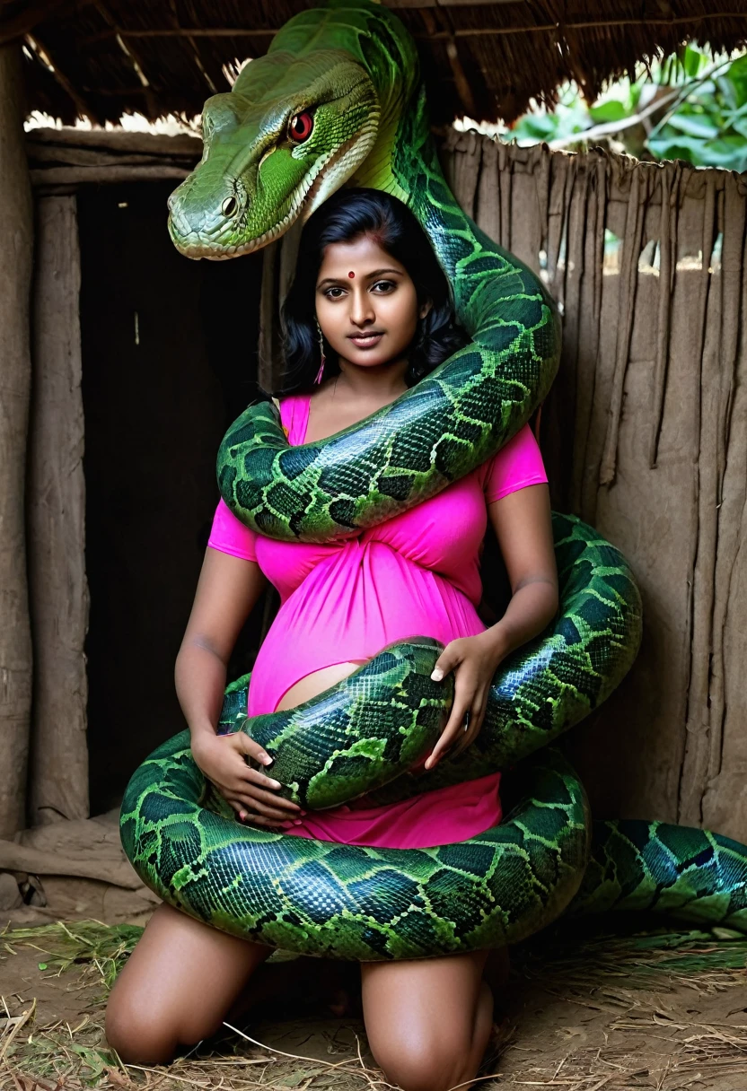 Pregnant aroused  horny beautiful happy very young indian teen  girl  wearing pink thong vs Giant green colossal kaa   monster wrapped around her body squeezing her in coiled embrace cuddling and kissing sexual erotic bestiality sex realistic in the village snake pit full body, best quality wet  nsfw  mating