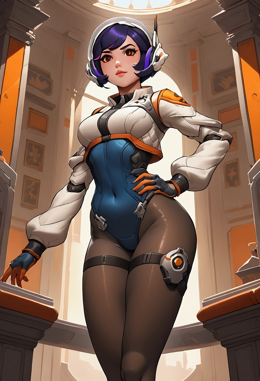 Juno de overwatch, wearing sexy pantyhose, legs crossed, perfect thighs, corpo sexy, semi new