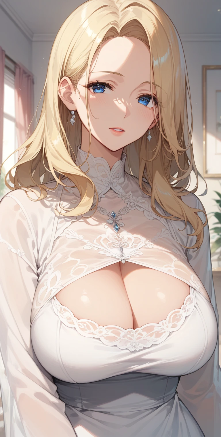 score_9, score_8_up, score_7_up, mature woman, milf, blue eyes, perfect eyes, blonde hair, chignon hair, large breast, long sleeve dress, white transparent dress, close up, home, soft light