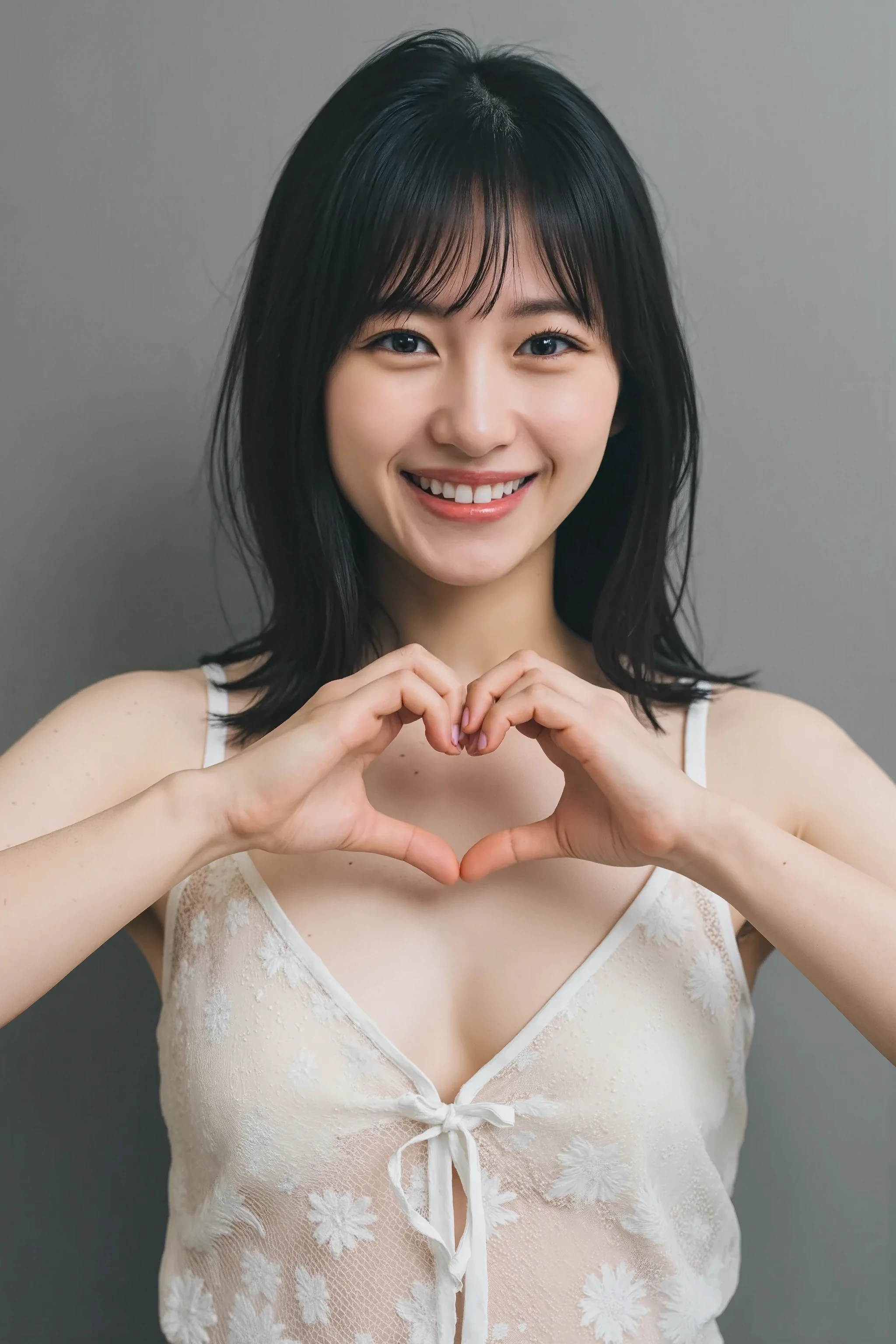 She is in a pose wearing a sexy camisole, making a firm big heart shape with both hands, and holding it in front of her chest, Cute smile up、Monotone background

