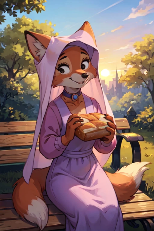 cartoon_Maid Marian _ s,  furry female fox holding a loaf of bread,  animal ears ,  BLACK EYES , Animal Nose,  Orange Fur , tooth, Tail,Veil,Purple Dress,  Long Sleeve , choker,  staring at the viewer , smile,  at dawn, On the bench, Blue Sky,   high quality, 