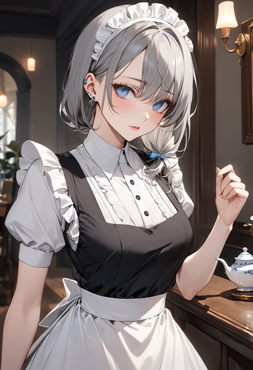 ((best quality)), ((masterpiece)), (detailed), 1 man , Slim, curvy body, ( Ash gray hair), (piercing blue eyes), (slender build), (porcelain skin), (rosebud complexion), (early 30’s), (maid), feminine male