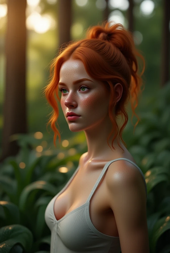 Chloe detailed portrait, 1girl, sun setting behind the trees, warm sunny lighting, lush green foliage, detailed realistic landscape, (best quality8k,highres,masterpiece:1.2),ultra-detailed,(photo-realistic:1.37),vibrant colors,cinematic lighting,intricate details