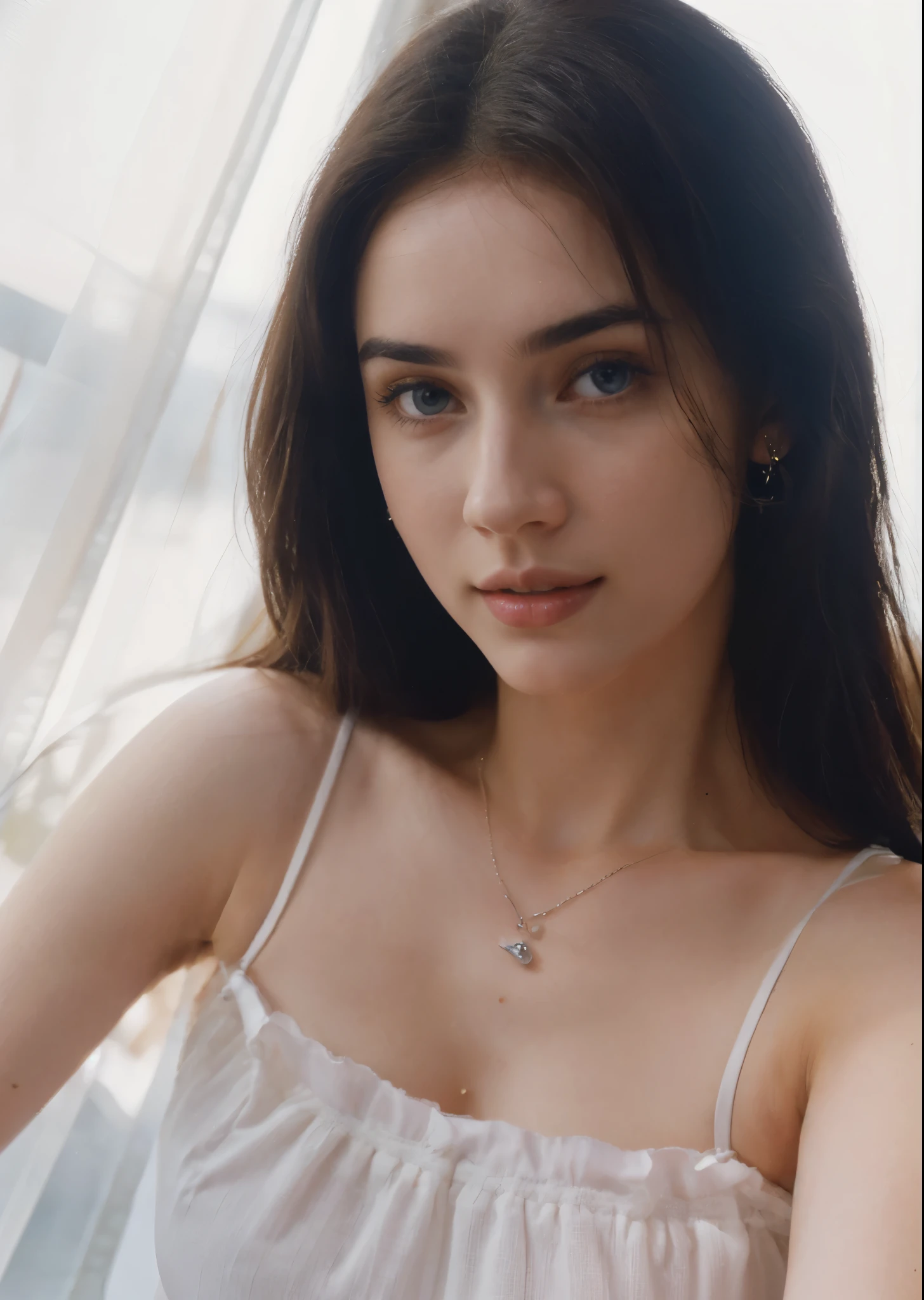 ultra realistic 8k cg, (hd background, delicate pattern, intricate detail, highly detailed, fine details), best quality, (photorealistic:1.4),beautiful lighting, absurdres, RAW photo, film grain, ((medium breasts, slim girl, close-up, portrait)), 1girl, solo, black hair, long hair, (blue eyes), ((slim girl, medium breasts)), cleavage, epaulettes, navel, midriff, blush, collarbone, (complex detailed background, blue sky, nature environment, close-up, portrait),stunning attractive figure, beautiful photo of sexy woman, looking seductively in front, black hair,ultra realistic 8K CG, masterpiece, ((white background, delicate pattern, intricate details)), (highly detailed, fine details), best quality, 1 girl, big breasts ), 1, white skin, feminine, charming, perfect body, standing on the floor,natural ilumination, too white skin, (close-up, editorial photograph of a 1 woman), (highly detailed face:1.4) (smile:0.7) (background inside white, private study:1.3) POV, by lee jeffries, nikon d850, film stock photograph ,4 kodak portra 400 ,camera f1.6 lens ,rich colors, hyper realistic ,lifelike texture, natural lighting , cinestill 800, natural makeup , too white skin, lovely, femenine, happy,absurdres, highres, ultra detailed, (ung beautiful girl, solo:1.1),breasts, black hair, earrings, midriff, cleavage, navel, long hair, blue eyes,groin,epaulettes, big breast, 18 years old woman, jennifer connelly, ana de armas, megan fox, too white skin, too young woman, ADAarmas, megf, j3n2i773r50-smf, pale skin, (special attention to skin detail: 1.2), Detailed leather texture, skin pores. (Airy atmosphere of the frame- delicate, white, UDR, ((Film grain)), ((waist up portrait, close to the camera)) , ultra detialed, (((ultra realistic))) Photo, masterpiece, top quality, (pale skin), (Ultra detailed face and eyes:1.3), lovely, perfect eyes, happy, lovely, femenine, hotel room, dark background, selfie