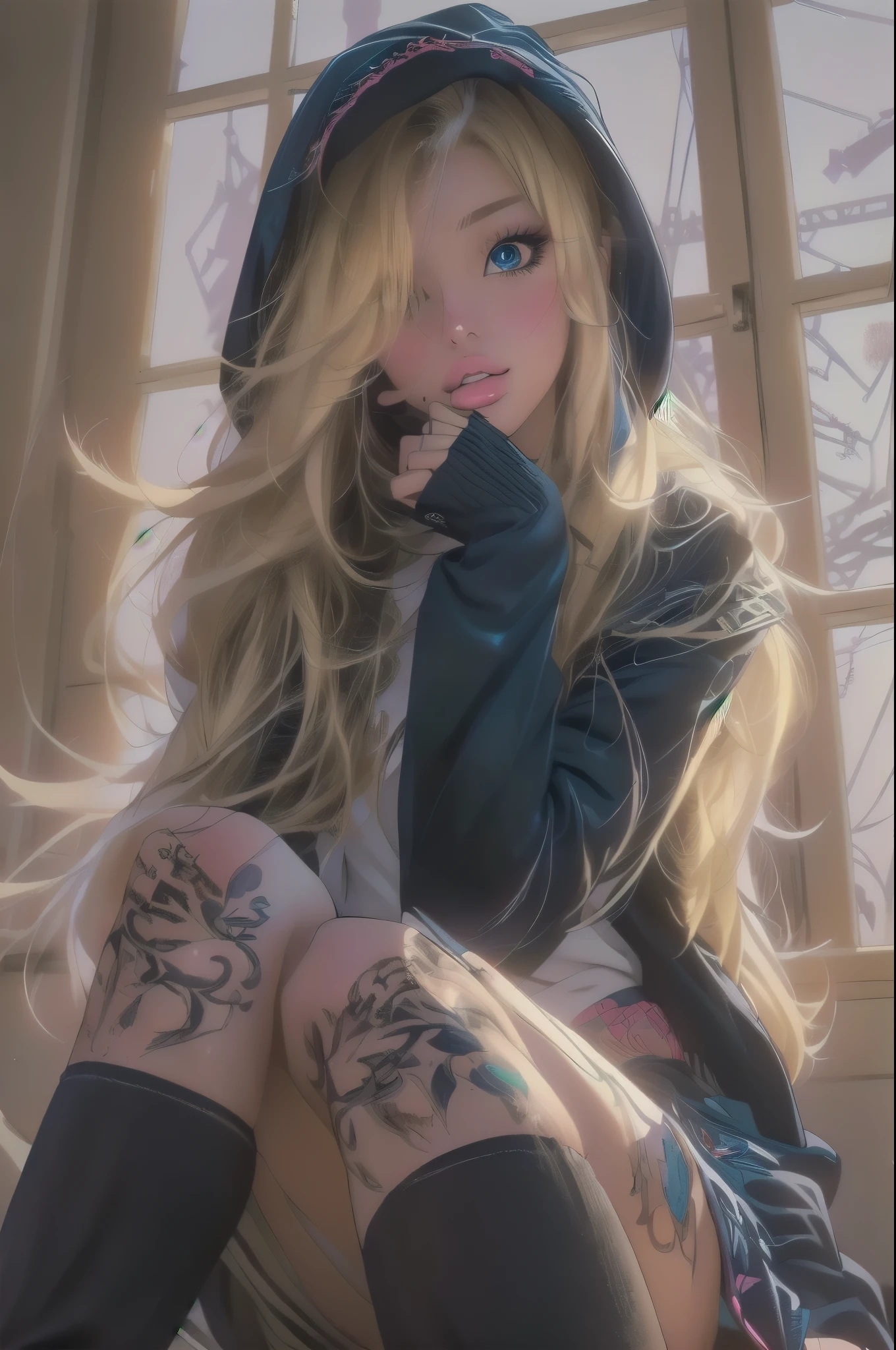 a close up of a woman with tattoos on her legs, hood, blonde  Anime girl with long hair, in the style of Guweiz ,  Realistic anime art style , realistic art style,  realistic anime art style , realistic anime 3D style, anime realism style,  Anime girl with long hair, artgerm style,  beautiful work of digital art , beautiful anime girl, UHD, Retina, masterpiece, Accurate, anatomically correct, textured skin, Super detail, high details,  high quality ,  award winning , best quality, highres, 1080P, HD, 16K