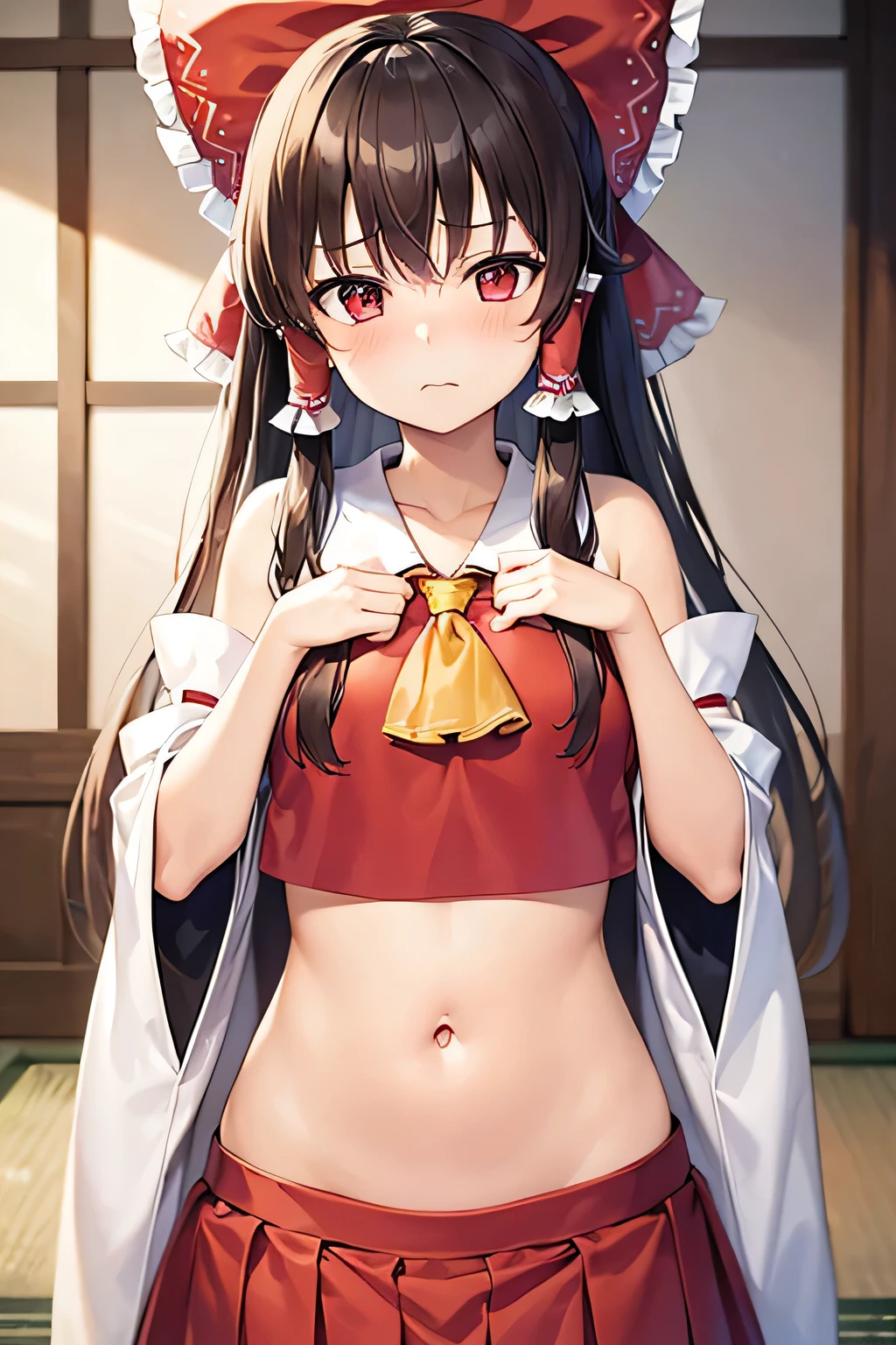 super fine illustration, vibrant colors, masterpiece, sharp focus, best quality, depth of field, cinematic lighting, ultra detailed, belly, navel, tummy, shrine maiden, hakurei reimu, 1girl, hair bow, ascot, hair tubes, detached sleeves, red shirt, red skirt, long skirt, very long hair, dark brown hair, mature woman, hakurei reimu, 1girl, hair bow, ascot, hair tubes, miko, detached sleeves, Reimu Hakurei, makeup, annoyed, indoors, hands on own stomach, 
