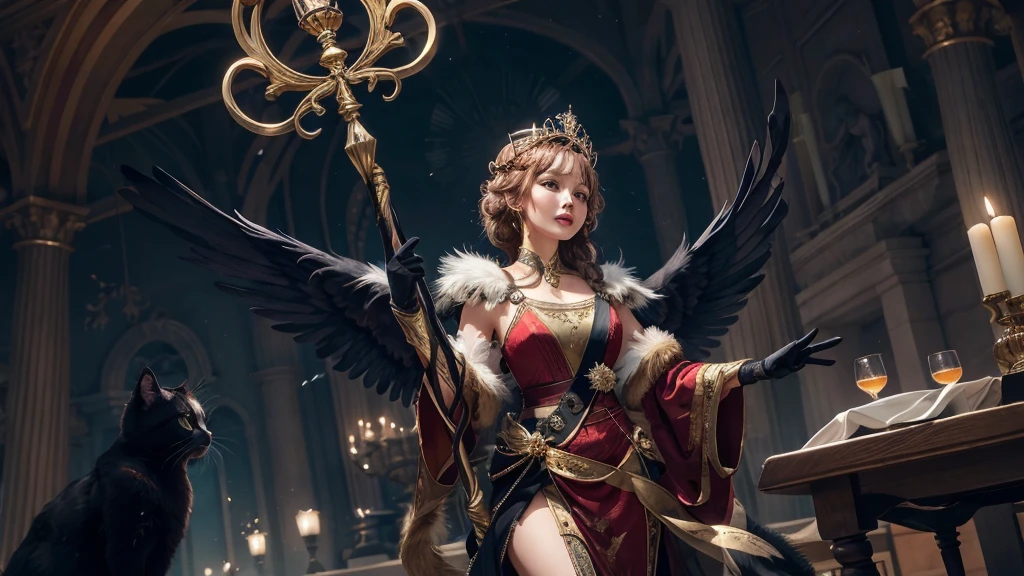 A woman dressed as an angel, with large feathered wings on her back, wearing a feathered crown, holding a golden staff, with a black cat beside her.