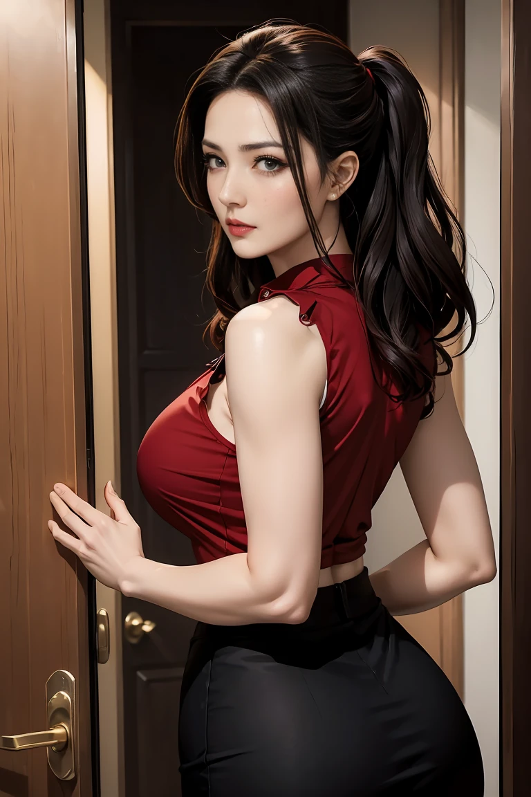 (dark madder red blouse,sleeveless,arms-baring:1.3),sideshot,from behind,(naughty undies:1.2),black and long flare skirt,(lifted and revealing skirt),thick arms,(pov hands on buttocks,groping woman,ass grab,:1.3),single mole on cheek,black hair,voluminous hair,unkempt hair,plump tall woman，Hell Snow from One Punch Man,,27 years old,(fair skin:1.3),(cute eyes,puppet),plump oval face,light makeup,standing in bedroom,view from gap of door,,skirt lifted,huge ass