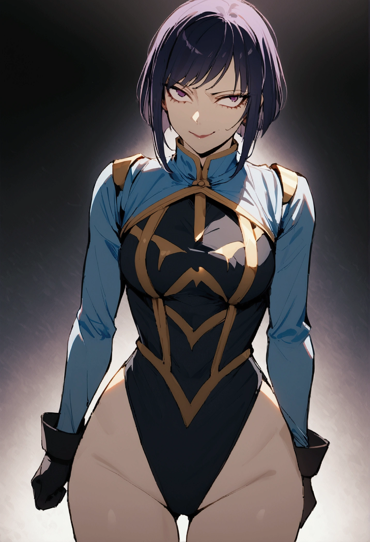 melhor qualidade,roupa azul,juri han,solo, masterpiece, best quality, agrias, grey sweater, black leotard, standing, looking at viewer, short hair,oculos,evil smile, evil look,luvas preta,roupa azul,yandere rosto,low lighting,coxa sarada copo detalhado,olhando para frente juri han,bela