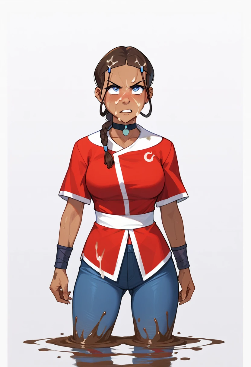 1woman, katara, mature, solo, standing vertycally in quicksand, white background, she is immersed in quicksand to the level of stomach, (looking up:1.1), mature face, angry look, cum on face, cum on chest, (wide body:1.1), dirty clothes, 1girl, katara, strong legs, brown hair, braid, red jacket, blue eyes, long hair, topknot, armlet, choker, dark skin, bracelet, (blue short jeans:1.1), (wide legs:1.1), cum on face, quicksand at the bottom of the picture, (quicksand surface at the bottom of the picture:1.1), (brown mud:1.1), looking at the camera, white background, empty background, realistic style, best quality, good quality, good detailing