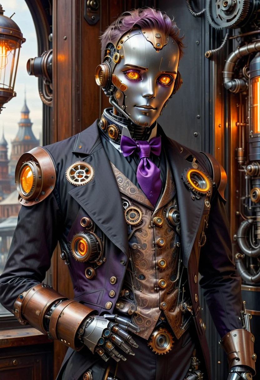 The image is a steampunk-style digital artwork featuring a humanoid robot greeting a human. The robot has a metallic face with glowing orange eyes and intricate facial features that resemble those of a human. The man he is hugging has short hair, clothes as if he is tired and has just gotten off work.  The robot is dressed in a Victorian-era suit, consisting of a black jacket with brass buttons, a brown waistcoat and a purple tie, his suit highlights the curves of his thin, toned body. Various gears and mechanical components are integrated into his costume, enhancing the steampunk aesthetic. The overall composition is rich in detail, emphasizing the fusion of futuristic and historical elements typical of the steampunk genre.
