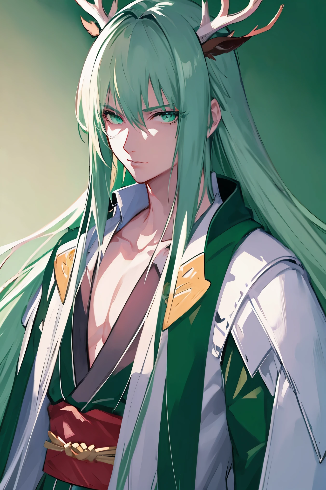 1boys, long hair, white green hair, deer antlers, green eyes, upperbody, emotionless, kimono white background 