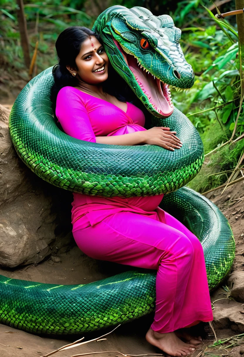 Pregnant aroused  horny beautiful happy very  indian teen l  wearing pink thong vs Giant green colossal kaa   monster wrapped around her body squeezing her in coiled embrace cuddling and kissing sexual erotic bestiality sex realistic in the village snake pit full body, best quality wet  nsfw  mating