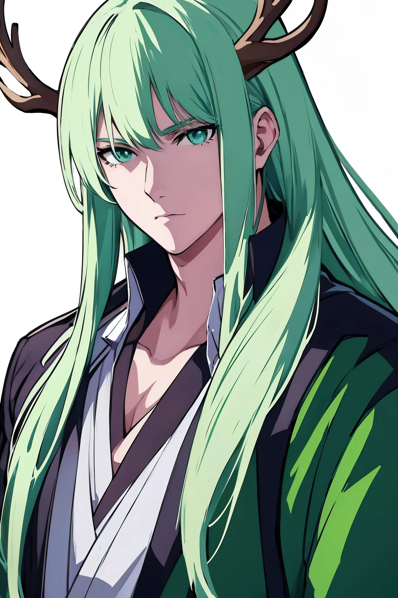 1boys, long hair, white green hair, deer antlers, green eyes, upperbody, emotionless, kimono white background 