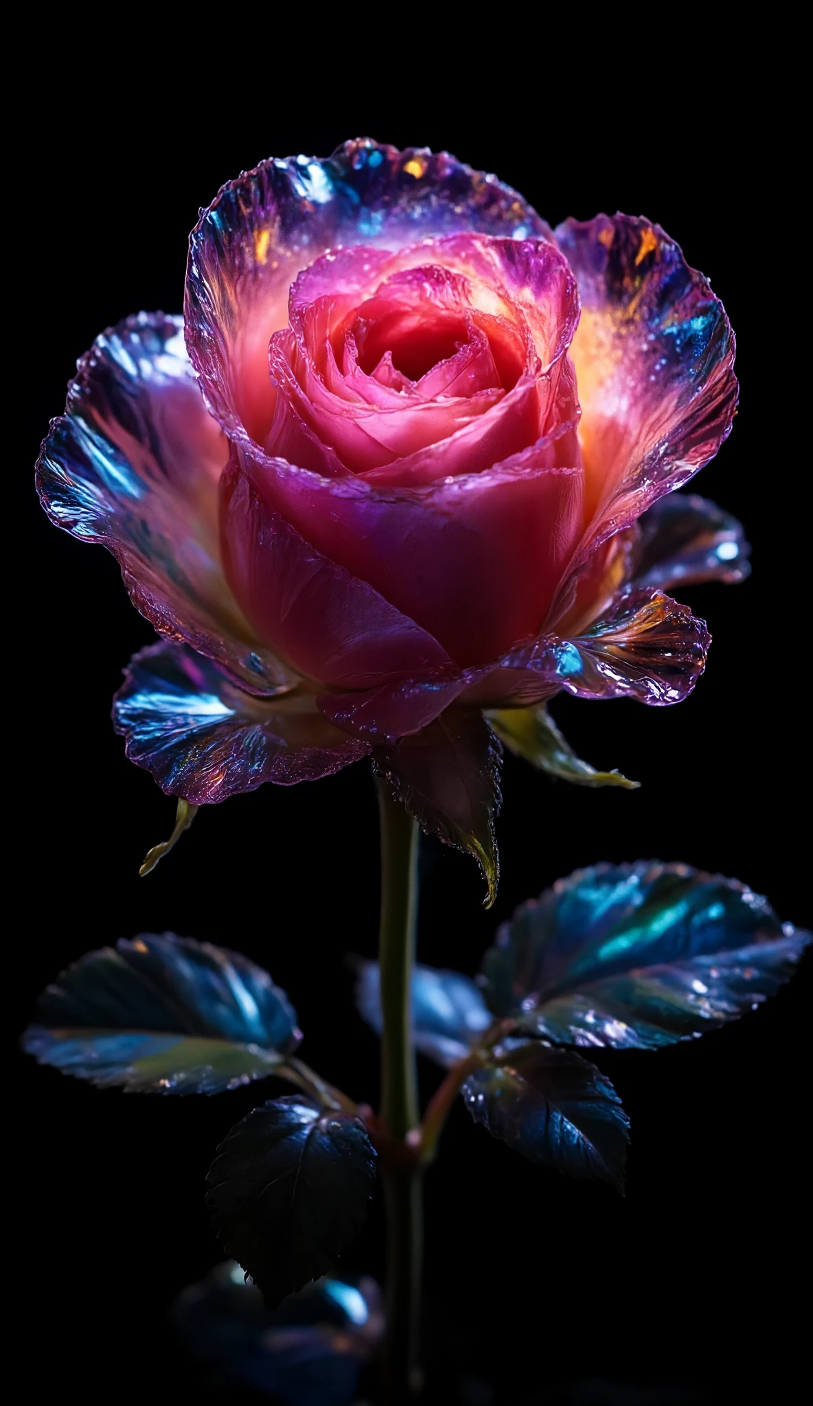 A single rose, each leaf a different color, a spiral gradation from transparent to iridescent, the background is velvet black, fresh and clear graphic photo art