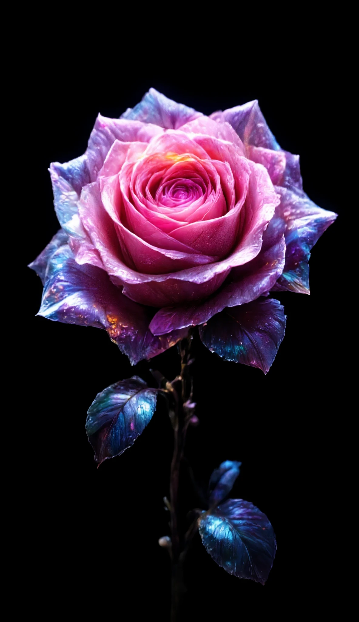 A single rose, each leaf a different color, a spiral gradation from transparent to iridescent, the background is velvet black, fresh and clear graphic photo art