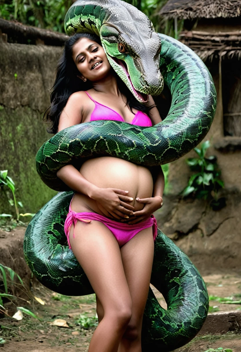 Pregnant aroused  horny beautiful happy very young indian teen  girl  wearing pink thong vs Giant green colossal kaa   monster wrapped around her body squeezing her in coiled embrace cuddling and kissing sexual erotic bestiality sex realistic in the village snake pit full body, best quality wet  nsfw  mating