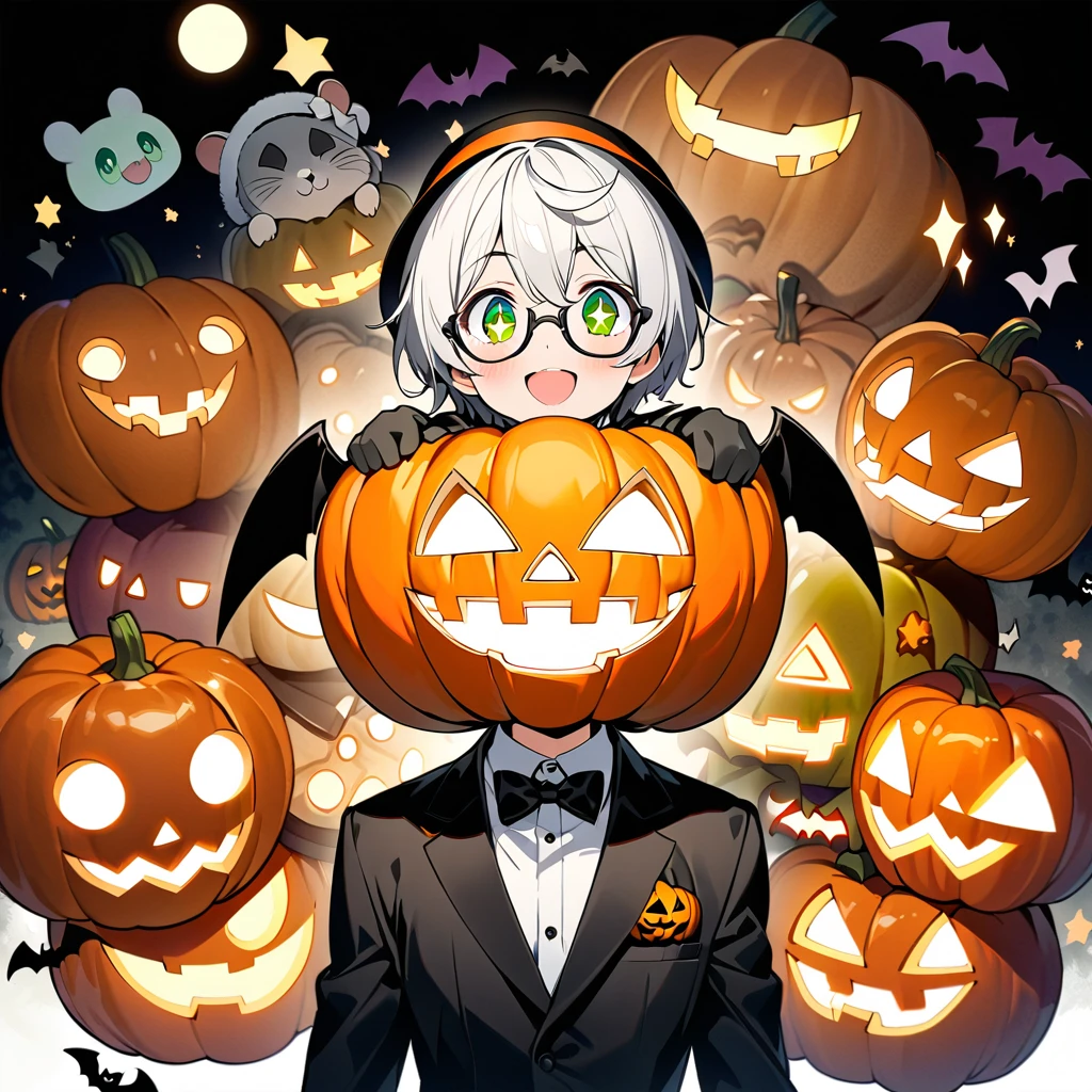   score_9,   score_8_up,   score_7_up,   score_6_up,   score_5_up,   score_4_up,    Jack O Lantern  ,  beautiful short haired man with white hair and green eyes( Clear texture)、  1 white A beautiful man with a hamster on his shoulder 、 with green mesh in the hair 、Big Eyes、beautiful eyes、Sparkling Eyes、Slender body,   wearing a black tuxedo  ,   silk hat,  Glasses, smile,  seems to be having fun,  Halloween  pumpkin head , Very big head ,   eyes are shining ,    scattered in large numbers  ,    comical Japanese illustration style  , orange and black background , Bats, Grave,   pop touch posters  ,  The main line is thick  , 【title" Halloween ", Shaded characters  ,   letters that pop out symmetrically  ,  masterpiece、 highest quality、 ultra high resolution、Meticulous watercolor painting water splash rendering、Clear texture、 extremely complex and exquisitely crafted ,  super detailed fantasy characters ,  ULTRA DEFINED DIGITAL ART ,   overly detailed digital art  、There is only one human