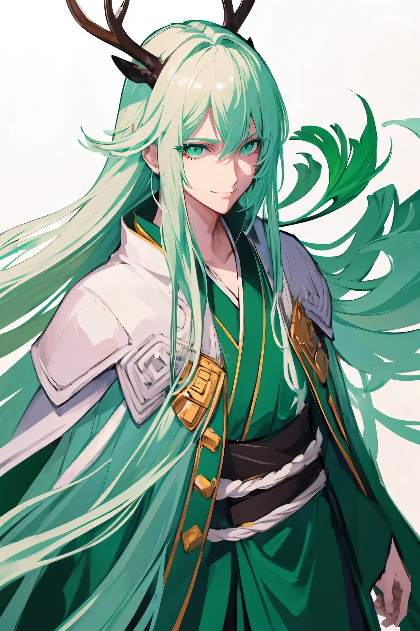 1boys, long hair, white green hair, deer antlers, green eyes, upperbody, smile, kimono white background 