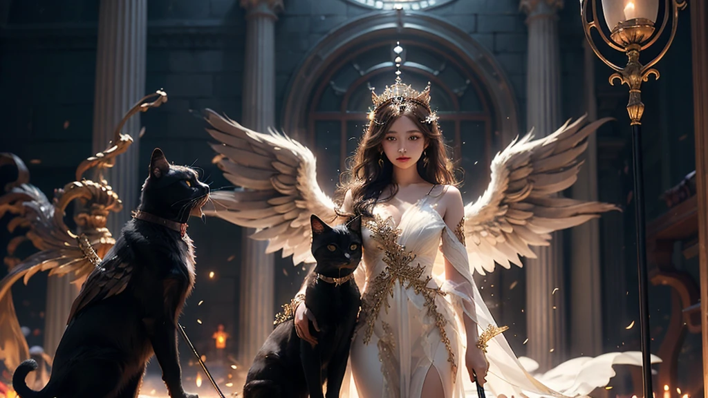 A woman dressed as an angel, with large feathered wings on her back, wearing a feathered crown, holding a golden staff, with a black cat beside her.