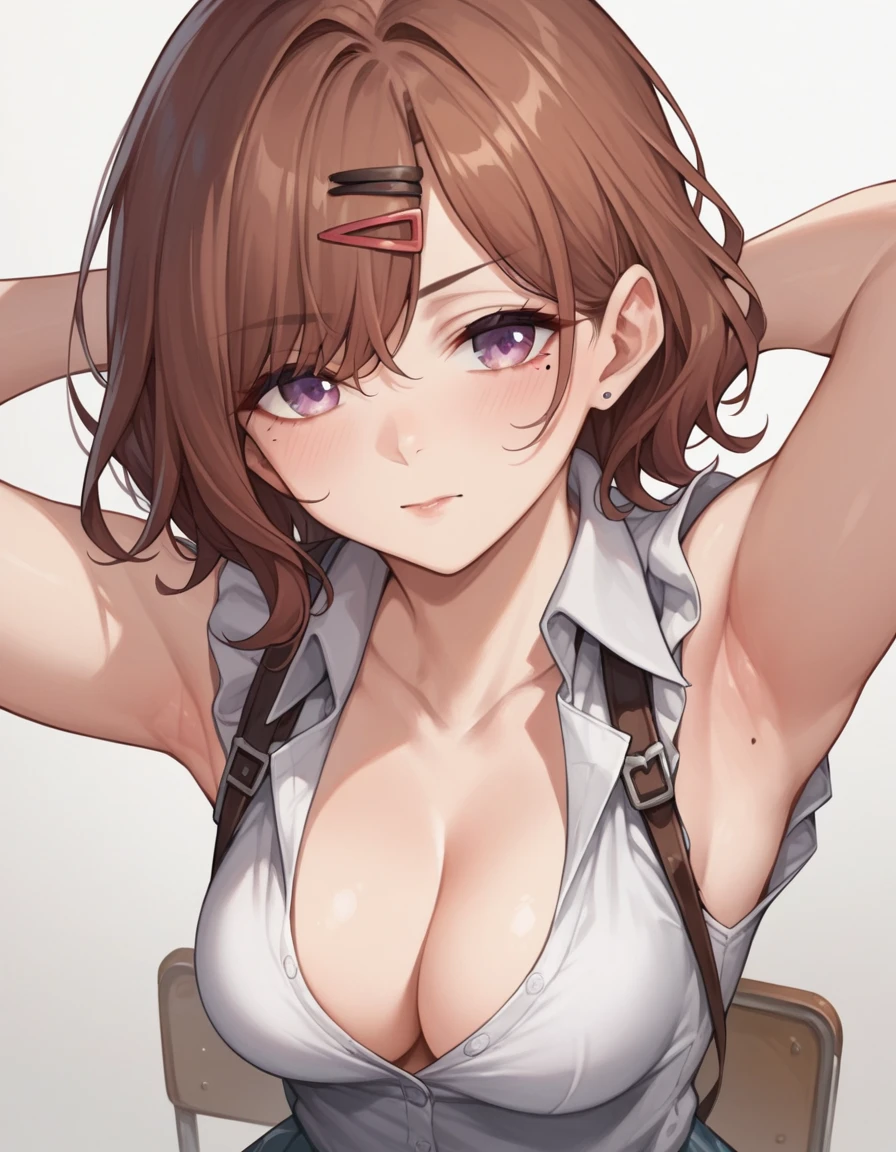 score_9, score_8_up, score_7_up, solo,1girl,madoka higuchi, brown hair, eyebrows hidden by hair, grey background, hair ornament, hairclip, mole, mole under eye, purple eyes, medium breasts, indonesian school uniform, classroom, armpit spread, cleavage