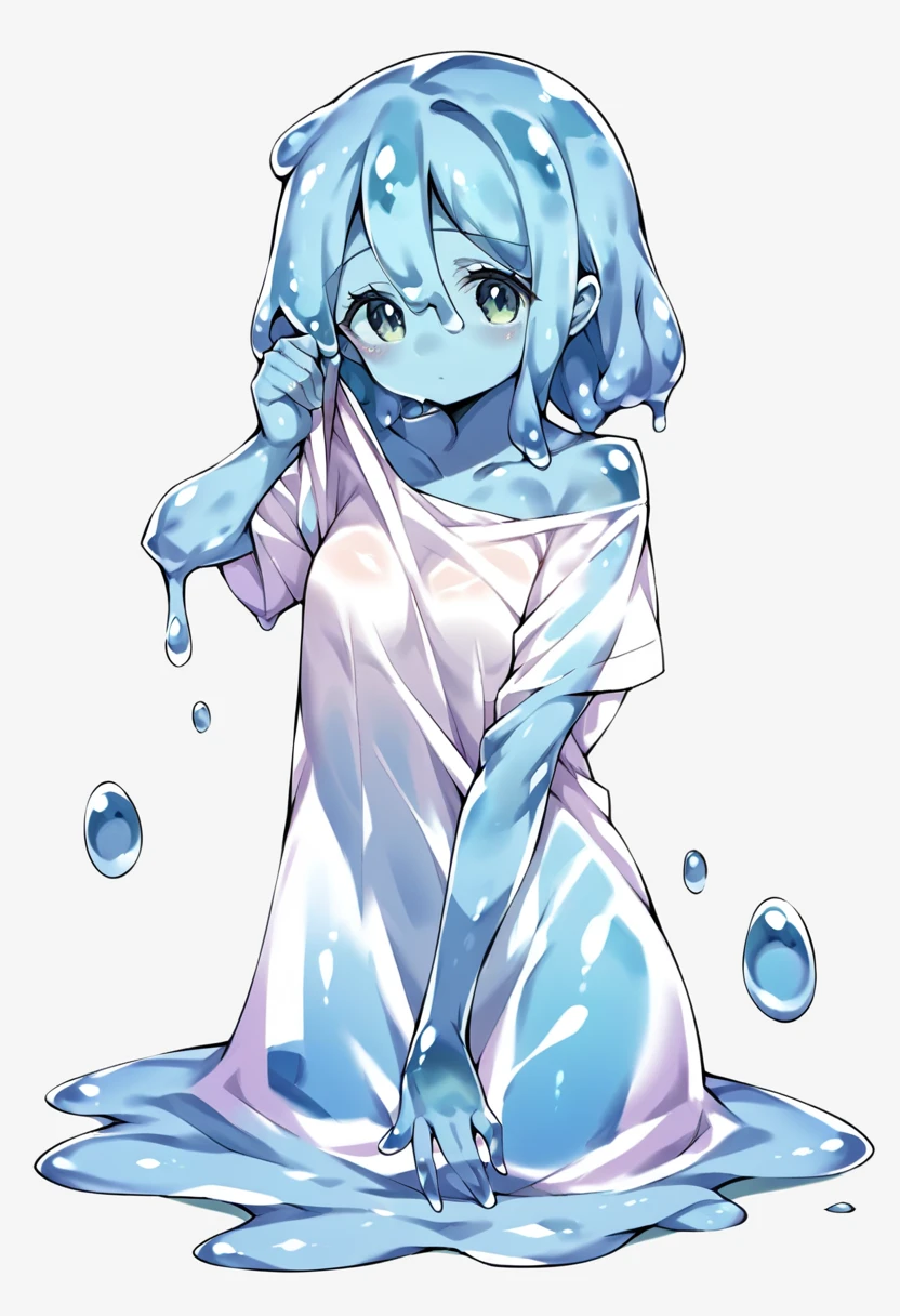 score_9, score_8_up, score_7_up, score_6_up, score_5_up, score_4_up, source_anime, 1girl, ((solo)), beautiful girl, slime girl, blue skin, translucent skin, see-through body, shoulder length hair, medium hair, slime hair, plain dress, slave clothes, slime body, shy pose, clothes pull, pulling shirt down, slimegirlsfw, slimegirl, depth of field, LUT, detailed, pretty, cute slime girl, Full body shot, (simple background, white background)