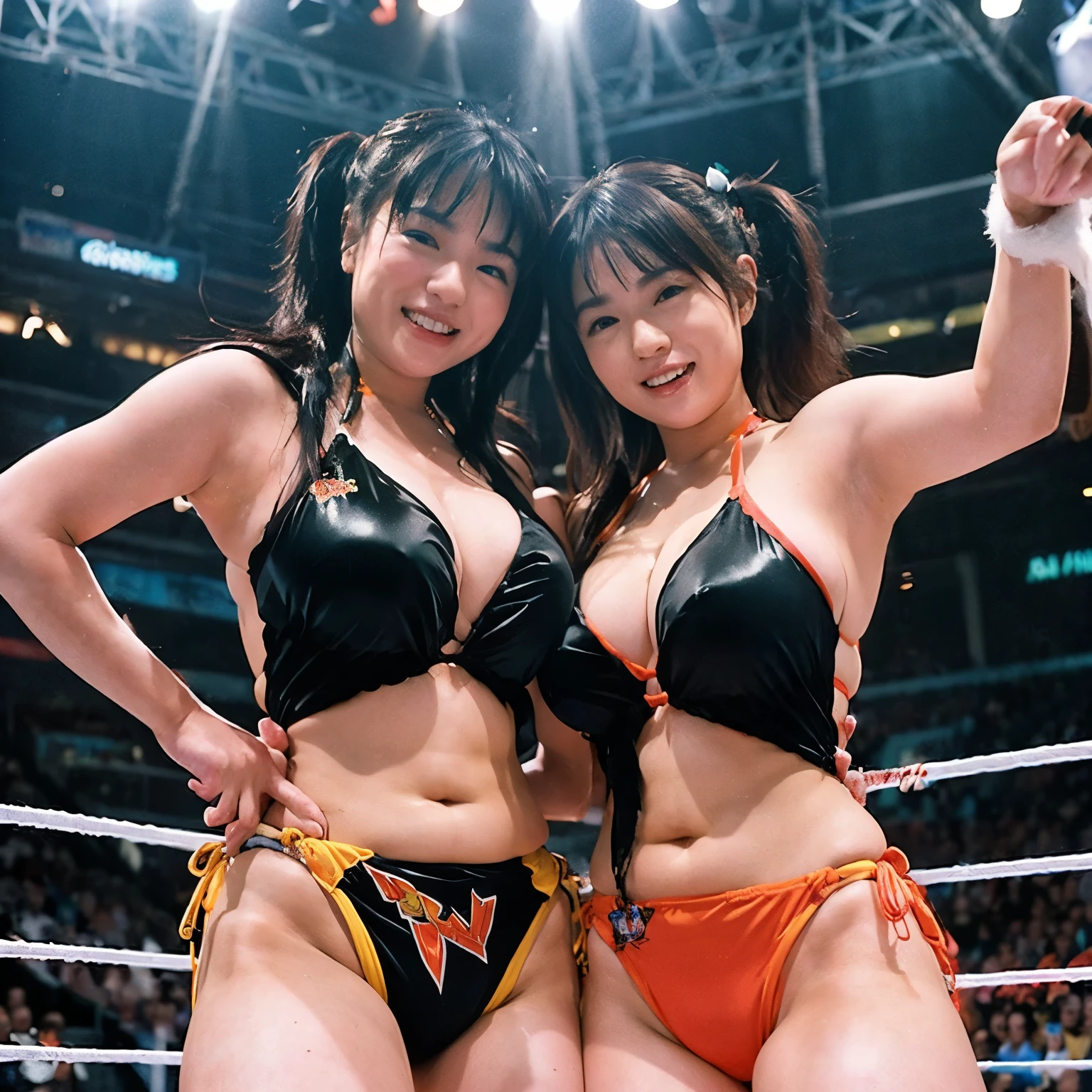 Identical twin sisters、 correct anatomy, Elbow drop to Ric Flair in a WWE ring