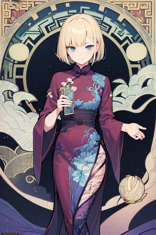 Maximalism,absurdres,masterpiece, best quality, a game Tarot style card (art nouveau:1.5), (zentangle:1.3), BREAK one girl, card background is (Chinese decorations background:1.3), looking viewer, clear face, purity, blonde hair, red and blue theme,