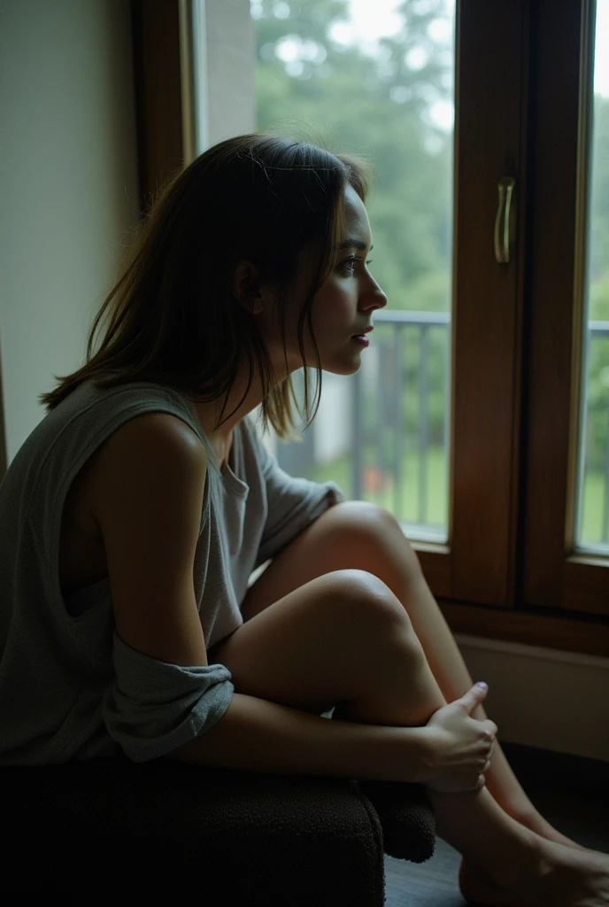 Editorial Photo, super detailed background , super real ,Double Exposure, depth of field , Beautiful Super Slender Skinny Woman Video,Soft Focus Dark Tone ,Sit by a window in a dimly lit room、Loose and casual clothing、A profile photo of a woman gazing out the window with a seductive expression TV drama story scene