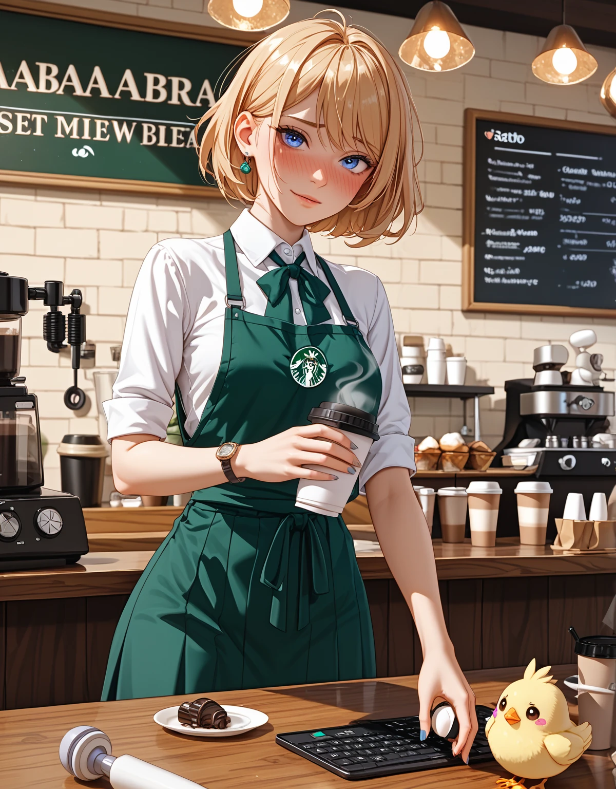   cute high school girl、 small breasts、 Slim Body 、 short hair 、 Against Face 、  , fine grain)、、  blue eyes、 against face very detailed face ,  High-definition mesh   ,  、(masterpiece, Best Quality),   ,   Detail Face ,shadow,8k,Female barista   , ((   Retrax Coffee Shop   ,   chic colored table    ,    cold brew coffee brewing equipment )), Black vest,   white shirt  ,    Tight Black Long skirt    , Saab Amber Coffee    , A sexually-charged expression,blush、 embarrassing expression 、(I have a dildo in my hand:1.5)、 I have a sextoy in my hand、( sextoy on the table :1.7),(Hitachi magic wand on the table:1.7),(Hitachi magic wand:1.7),