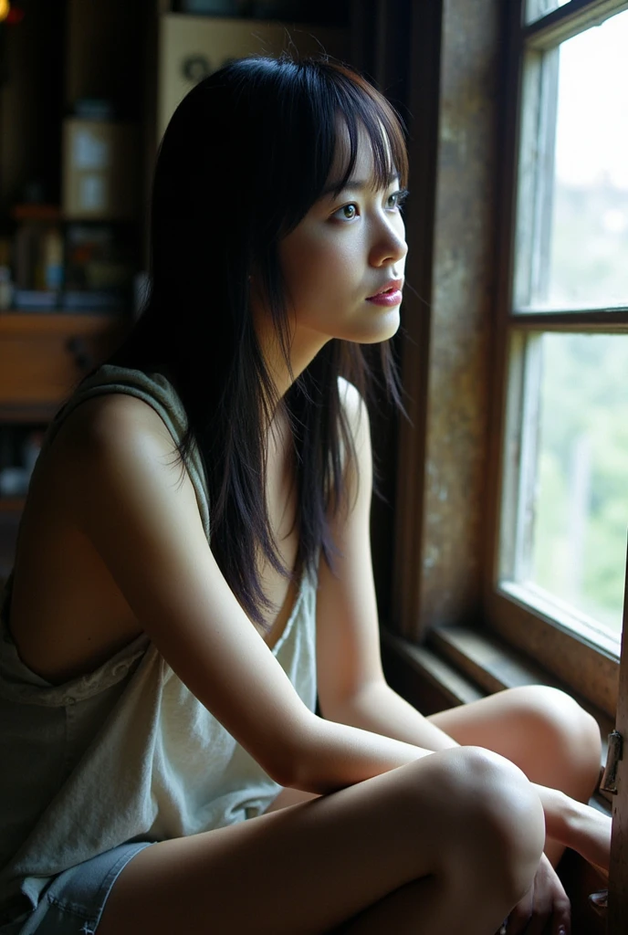 Editorial Photo, super detailed background , super real ,Double Exposure, depth of field , Japanese Women、 Super Slender Skinny Woman Video ,Soft Focus Dark Tone ,Sit by a window in a dimly lit room、Loose and casual clothing、A profile photo of a woman gazing out the window with a seductive expression、 American TV Drama Story Scene with an Antique Mood