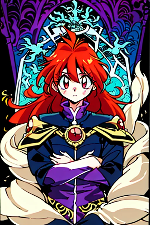 Maximalism,absurdres,masterpiece, best quality, a game Tarot style card (art nouveau:1.5), (zentangle:1.3), BREAK one girl, card background is (Dragon background:1.3), looking viewer, clear face, purity, red hair, red and black theme,