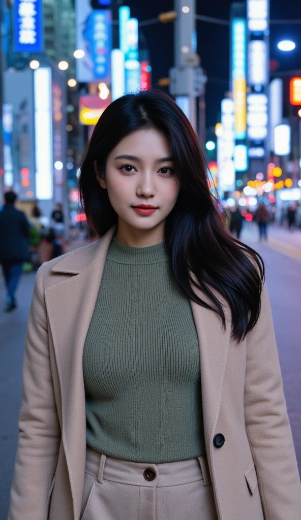  A woman with long hair , dark and fair skin ,  wearing a light reddish-brown wool coat with sleeves  .Khung cảnh dường như là một khu vườn  🍇 sau nhà , bằng chứng là các bức tường kính và sự hiện diện của nhiều loại 🍇 chín khác nhau trong nền. Không có văn bản rõ ràng nào trong hình ảnh cung cấp ngữ cảnh bổ sung.