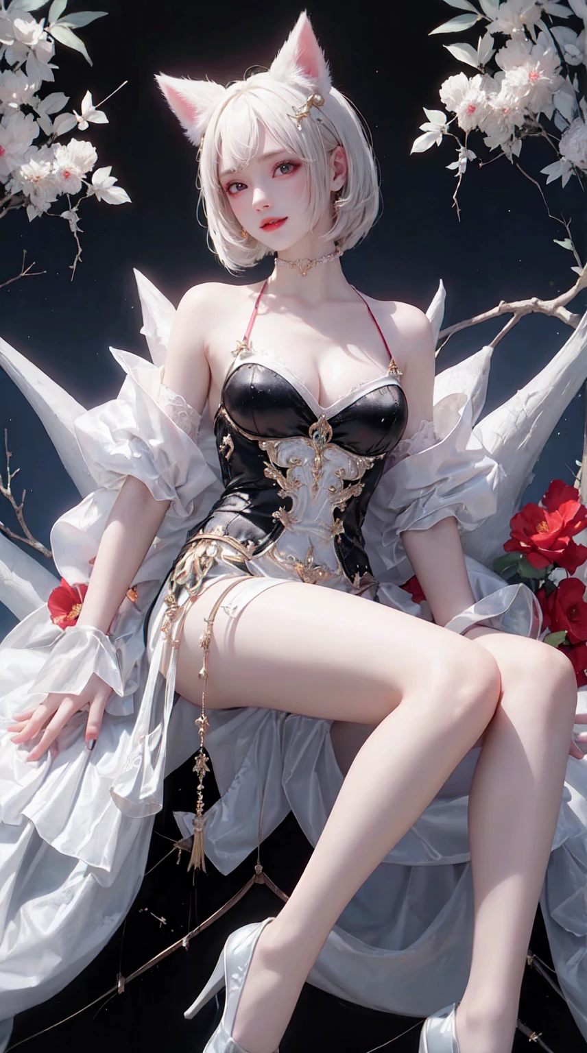 Ahri_Cosplay, White Tails, Black long hair, yellow eyes, ((yushuxin,1girl,solo)),(((Miss))), (((better quality))), (((masterpiece))), (((aldult))), (((1 girl))), ((( bob hairstyle ))), (( National Science Foundation )), Miss de 25 anos com um corpo musculoso;, (( bob hairstyle )), clear skin, Simon Beasley (Simon Bisley), Nude showing off wild urban style, blonde short hair, minimum attire, There is metal protection on the left arm，With complex graphics, deep red，With white stars and black and white splashes, armor, full of thorns, (((From the knee up))), 白色blonde short hair, Wall in background painted by Shepard Fairey，Complex design