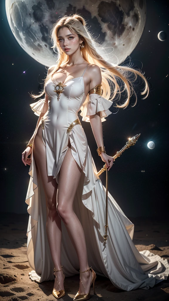 (masterpiece、 da mais  high quality 、 High resolution、8k、16k)、((alone in space、 Beautiful moon goddess 、 standing posture 、フローティング in the sky like a star))、(( full body ))、golden ruffles、White  Long dress、sem manga、 Adorned with vibrant jewelry 、gold bracelet、Blonde long  two tall horse tails  hair 、Beautiful blue eyes、 Elegant and detailed face 、 Elegant operation 、 Place a hand under your chest 、  long dress with frills  、  The universe is filled with light 、 stars Countless and nebulous 、 Long dress,  in your hands a long moon rod , Moon scepter ,  two tall horse tails ,   white dress  ,  white pele, blue eyes,  high quality , realistic image, pretty guardian Sailor Moon, masterpiece, best quality,  long staff ,  high heel shoes ,  Long dress with frills,  two tall horse tails  e muito longas, Blonde hair,  white pele, blue eyes,  professional lighting ,   full body , realistic image, Sailor Moon, body proportions, (Chapped lips:1.4), (blush de nariz:1.2), foreshortening, black cuts, (eye contact), High contrast, ultra high resolution, high resolution, detailed, Clean face,  ( sexy face :1.5), (big purple eyes:1.2), ( ultra detailed eyes :1.4), ( High resolution eyes :1.1), ( ultra detailed skin texture :1.4), PERSEPHONE, Persephone, Persephone, (SFW:1.5),  (full body:1.8), (upper body up:0.3), (hyper realistic:1.4), (realistic:1.3), (best quality real texture skin), Detailed eyes, detailed face, Cameltoe 

