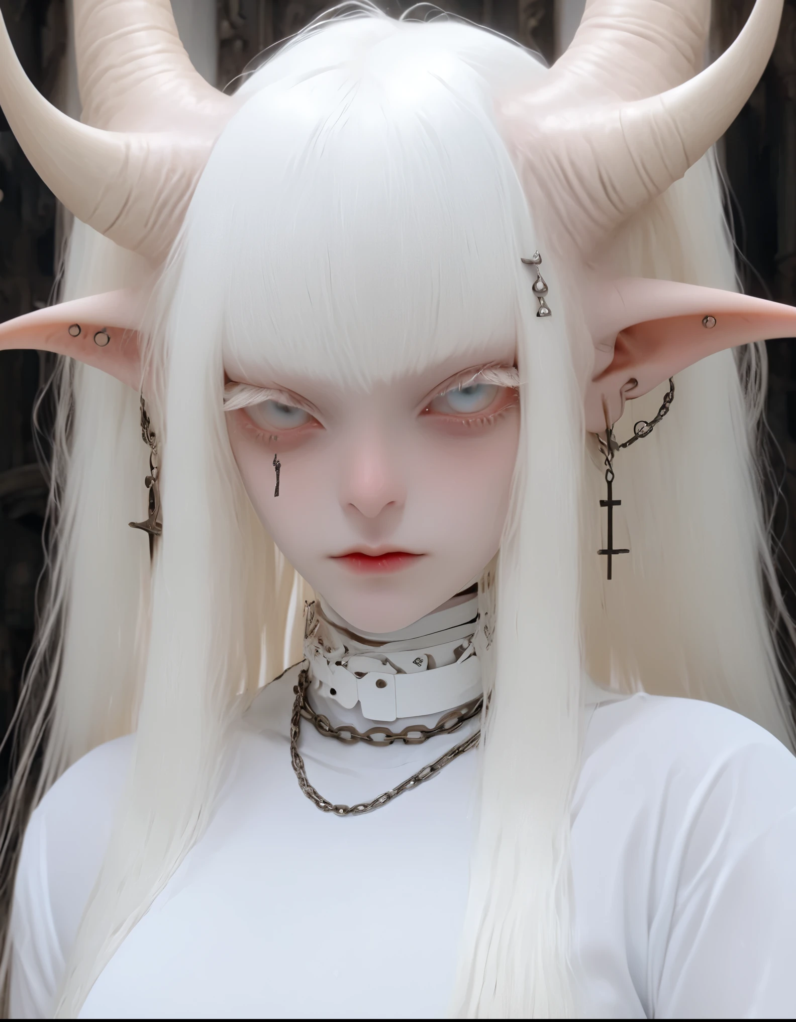 image 8k, Selfie in gigantic tits, albino demon girl with lethargic and sleepy smoky white eyes, straight hair with white bangs, bug eyes, antenna, ((nude:1.25)), (small horn: 1.2) best quality, highest quality, extremely detailed CG unity 8k wallpaper, detailed and intricate, horizontal body, choker, little chains, ear piercing,