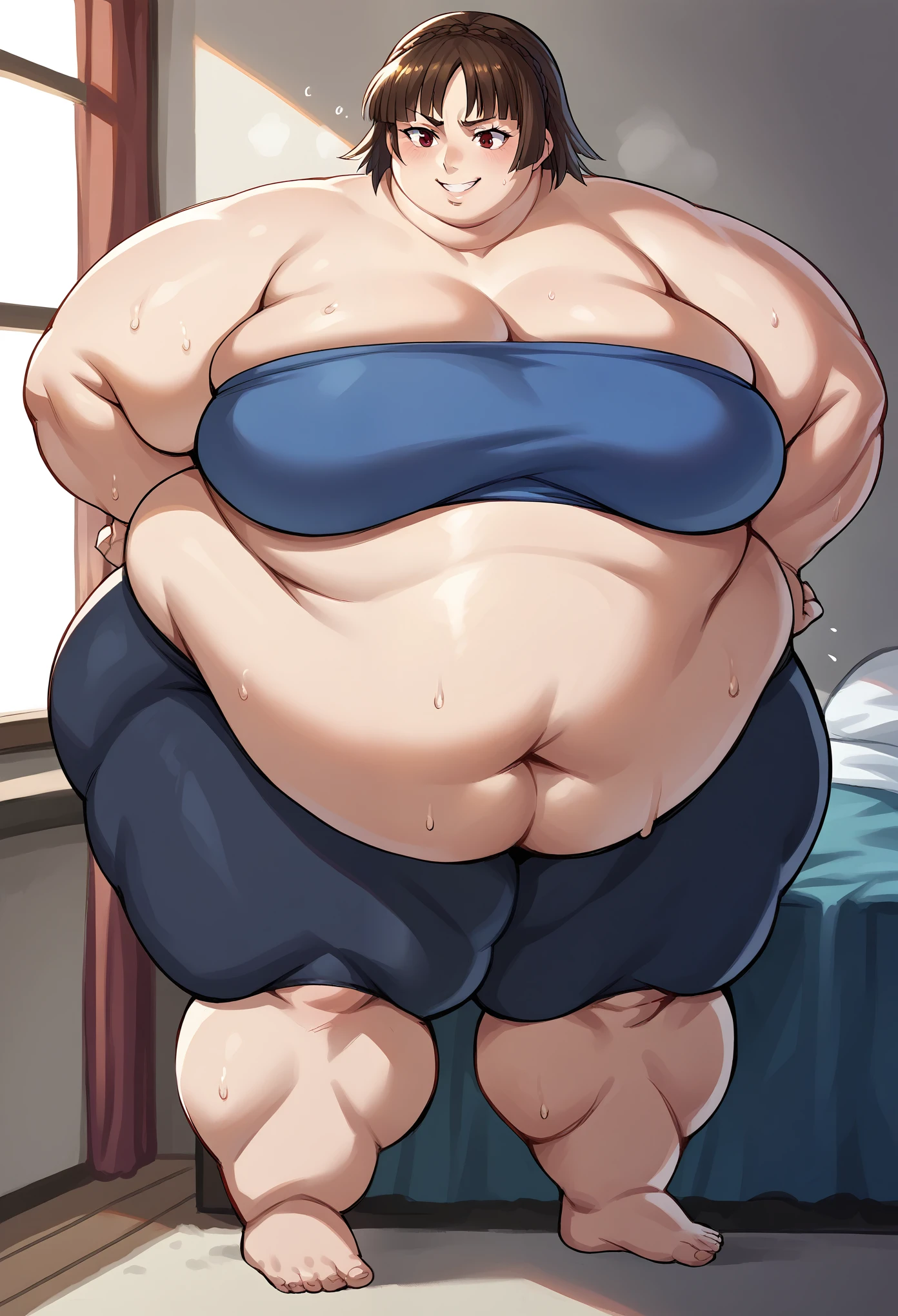 score_9, score_8_up, score_7_up, source_anime BREAK 1girl, makoto niijima, ganryu, tube top, dark blue jacket, black bike shorts, bedroom, smile, sweating, growing fatter, fat, chubby, obese, full body shot, gigantic arms and legs,