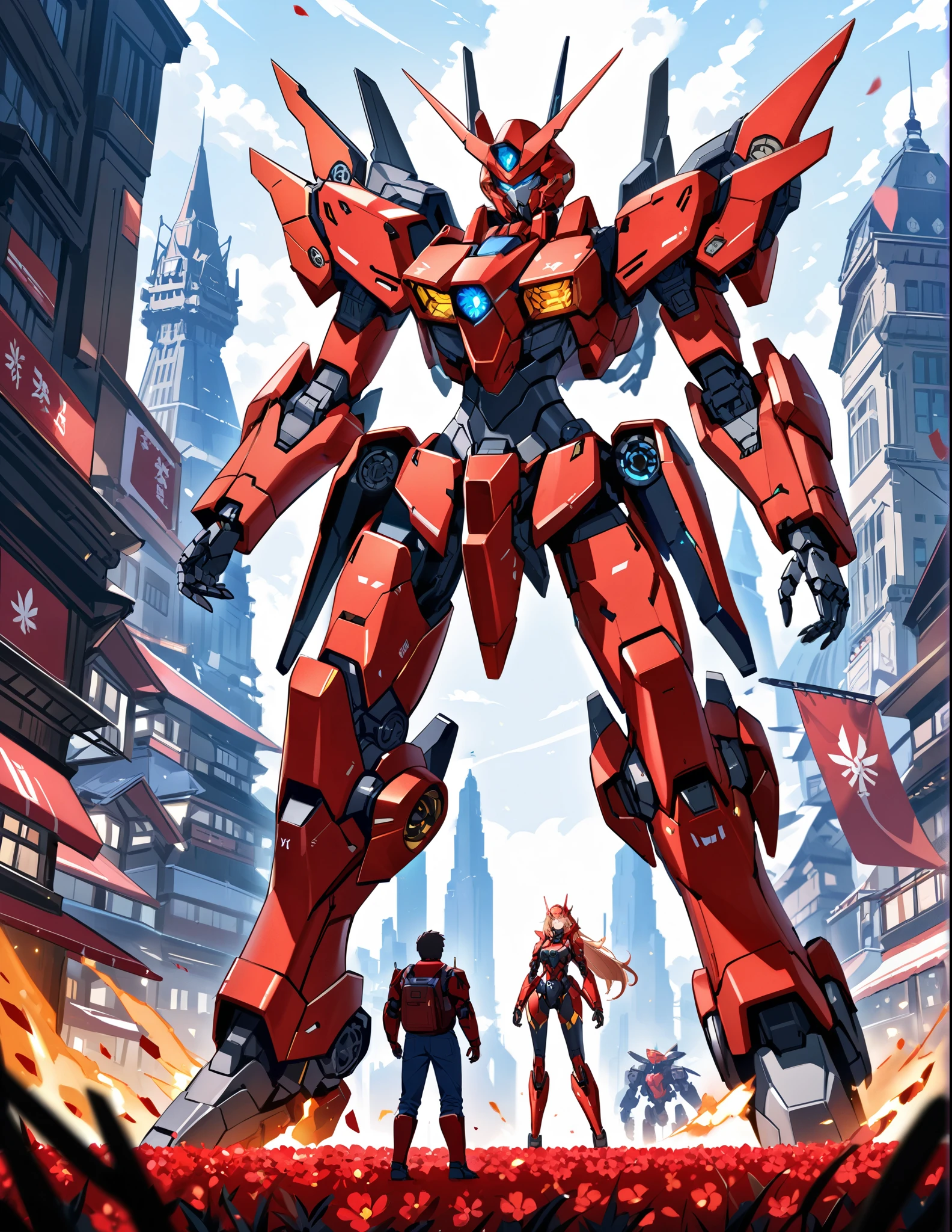Game digital artwork of a highly elaborate exoskeleton mecha android woman and a robot mobile suit towering behind her
