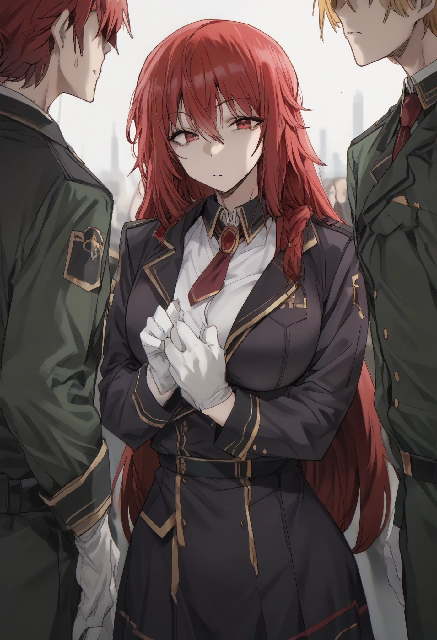 long hair, red eyes, braid,big breast, red hair, skirt, gloves, long sleeves, jacket, necktie, white gloves, uniform, military, military uniform
