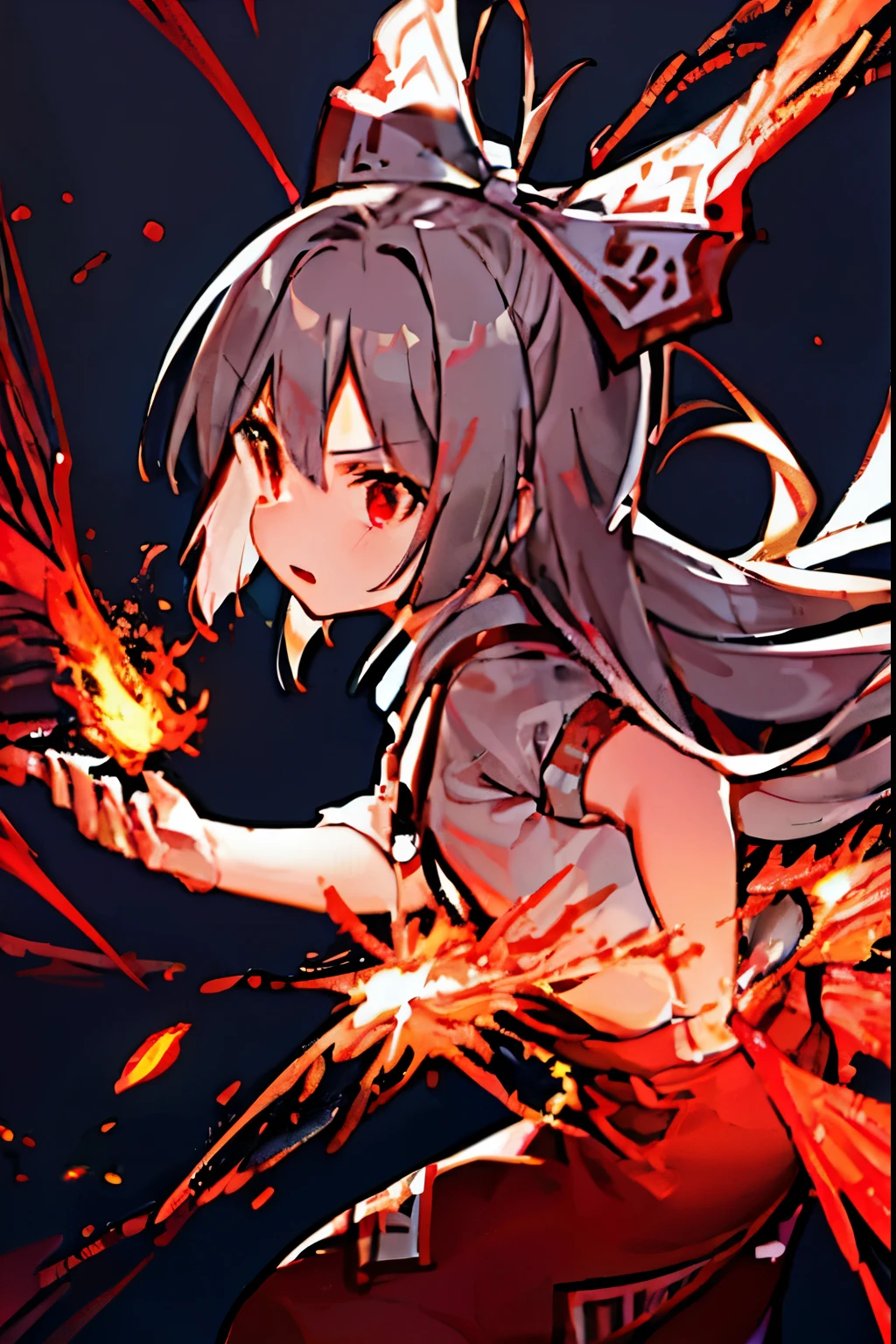  bright red wings like a bird, feathers are red and wings like fire , spread out from their backs, wings like fire ,like a phoenix ,Sparks are flying,Fujiwara Meihong, ripped clothes , red overalls ,Gray Hair,Long Hair,I have a ribbon on my head、