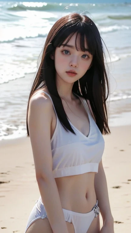 (masterpiece, best quality:1.2), (highres, abstract:1.1), ultra detail, A young woman, model like body, in tune with beach fashion, cute pose, neutral expression, Center of attention.