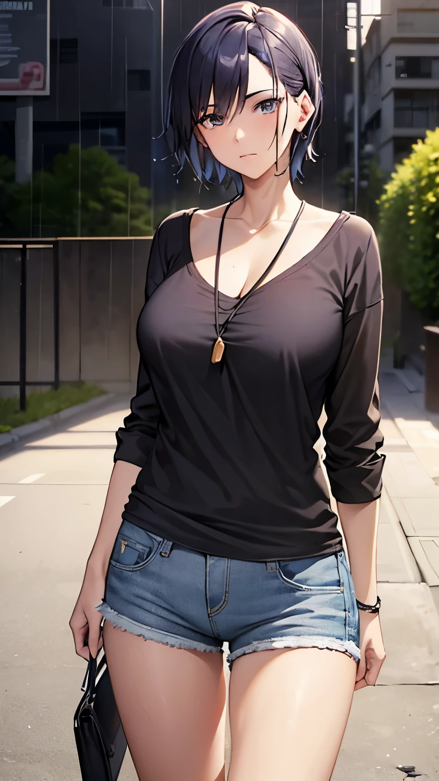 ((masterpiece , best quality)), ((( 1 girl ))), dark blue hair, cool looking woman, short hair, tomboy, mature woman, expressive eyes, heterochromaia eyes , (perfect female proportions), (very large breasts), women loose shirt, with casual shorts, long legs, skinny legs, slim hips, tomboy, milfication, mature female, casual clothes, the loneliest girl, artistic, inspired, golden hour, warm, (rain, sad, Hydrangea, Hortensia), luminism, ethereal, Makoto Shinkai, Krenz Cushart, Anime art , Surrealism, a contrast between the realistic and the absurd, Focused on Woman, High Creative, Dynamic, informative, High detailing, cinematic, complex background