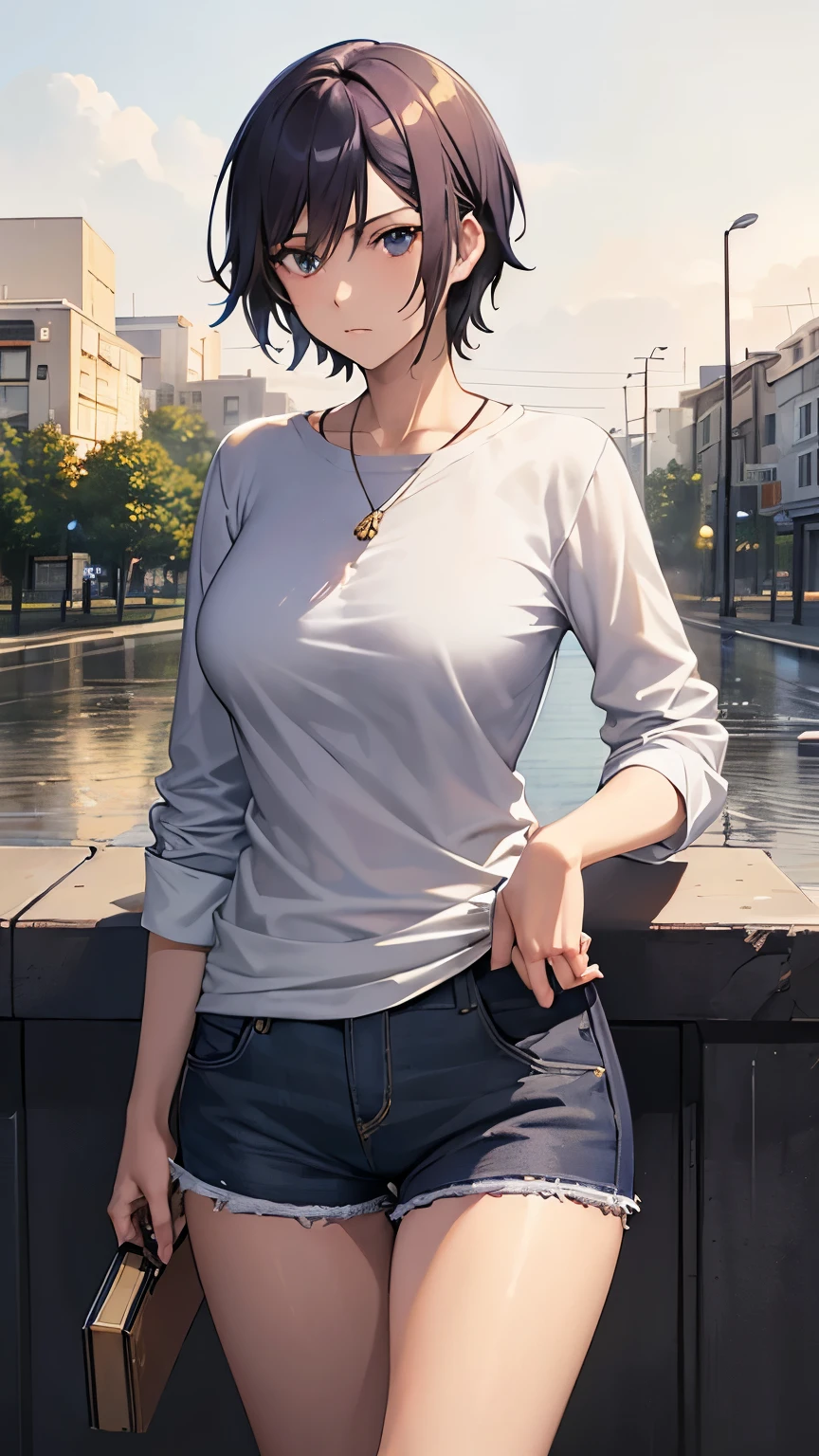 ((masterpiece , best quality)), ((( 1 girl ))), dark blue hair, short hair, tomboy, mature woman, expressive eyes, heterochromaia eyes , (perfect female proportions), (very large breasts), women loose shirt, with casual shorts, long legs, skinny legs, slim hips, tomboy, mature face, 30s, mature female, casual clothes, the loneliest girl, artistic, inspired, golden hour, warm, (rain, sad, Hydrangea, Hortensia), luminism, ethereal, Makoto Shinkai, Krenz Cushart, Anime art , Surrealism, a contrast between the realistic and the absurd, Focused on Woman, High Creative, Dynamic, informative, High detailing, cinematic, complex background