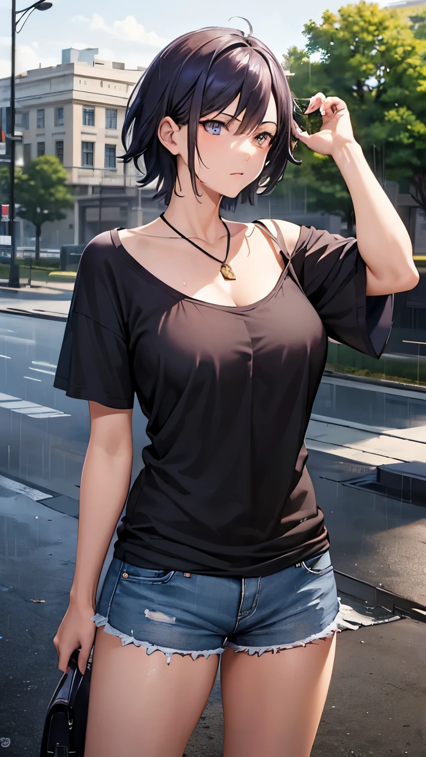 ((masterpiece , best quality)), ((( 1 girl ))), dark blue hair, short hair, tomboy, mature woman, expressive eyes, heterochromaia eyes , (perfect female proportions), (very large breasts), women loose shirt, with casual shorts, long legs, skinny legs, slim hips, tomboy, mature face, 30s, mature female, casual clothes, the loneliest girl, artistic, inspired, golden hour, warm, (rain, sad, Hydrangea, Hortensia), luminism, ethereal, Makoto Shinkai, Krenz Cushart, Anime art , Surrealism, a contrast between the realistic and the absurd, Focused on Woman, High Creative, Dynamic, informative, High detailing, cinematic, complex background